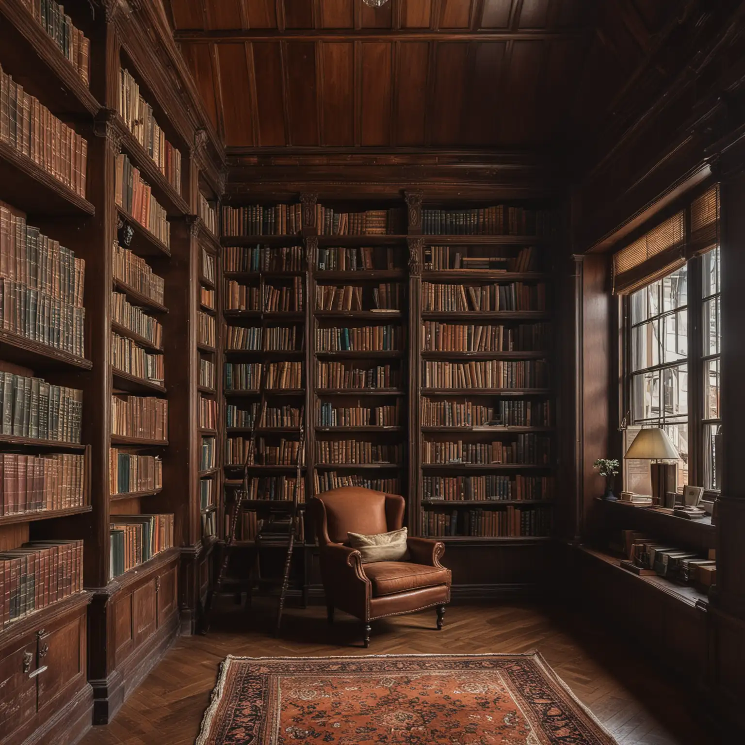 Corner nook of a large old library, dark wood, walls of book shelves
