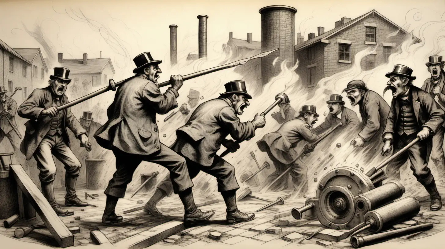 A sketch of an image, in the style of 19th century illustrating artworks using a fountain pen: angry people with pickaxes and hammers fighting against industrial steam machines during the industrial revolution. Focus on faces and emotions