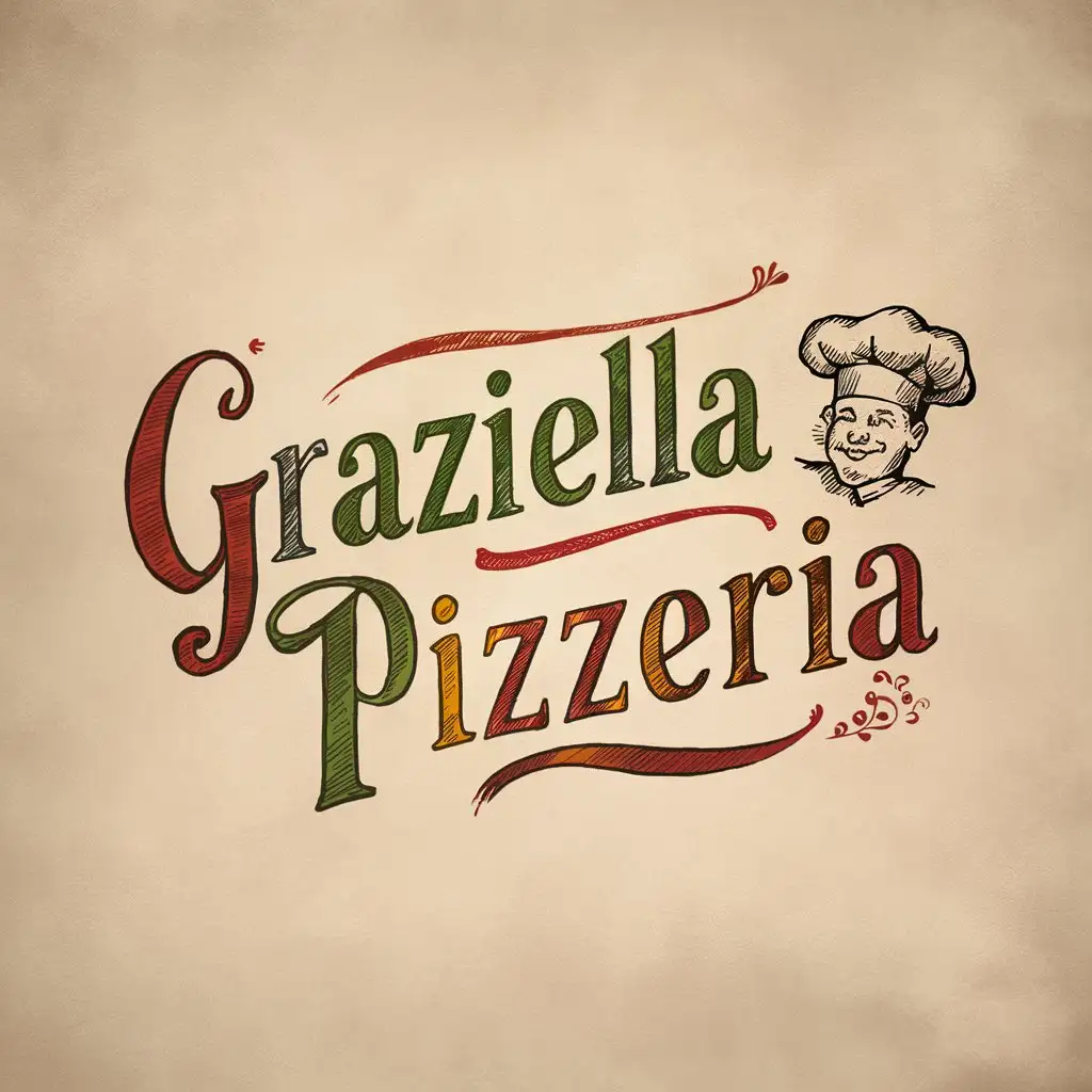 Handwriting Graziella Pizzeria logo, readable text, Italy colors, Cozy atmosphere, elegant old font style, Cozy atmosphere, Chef Hat sketch