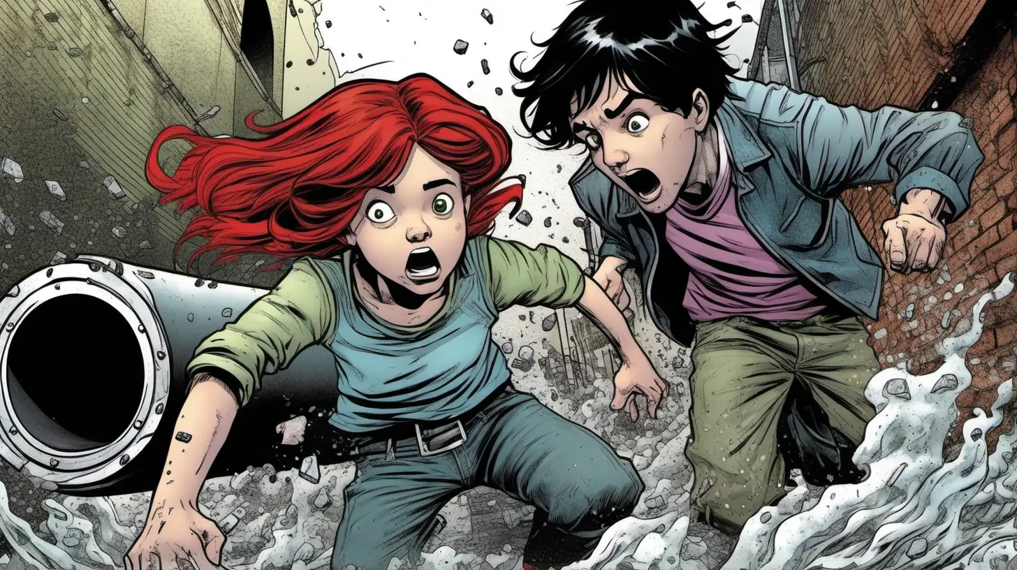 comic book style image with  boy with black hair and girl with red hair falling into ditch toward dirty black pipe