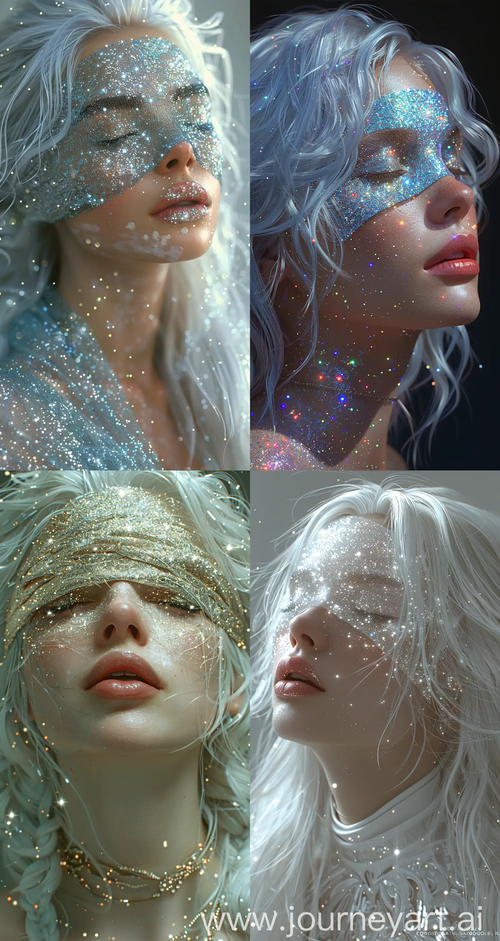 woman with white hair wearing a glittery blindfold with eyes closed, uhd photorealistic painting in the styles of Melanie Delon and Natalie Shau, inspired by the photography of Stefanie Schneider and Natalia Drepina. cgsociety, midjourney, fantasy art, fantasy, detailed painting, glitter, stardust, star particles. inspired by romantic baroque glittercore --ar 68:128 --stylize 750 --v 6