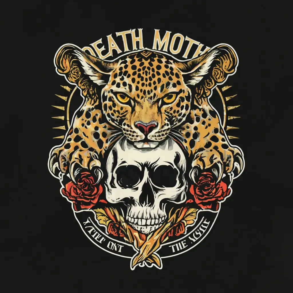 a logo design,with the text "Death Moth Merch.", main symbol:american traditional Tattoo of realistic leopard with left paw on detailed skull,complex,be used in Events industry,clear background