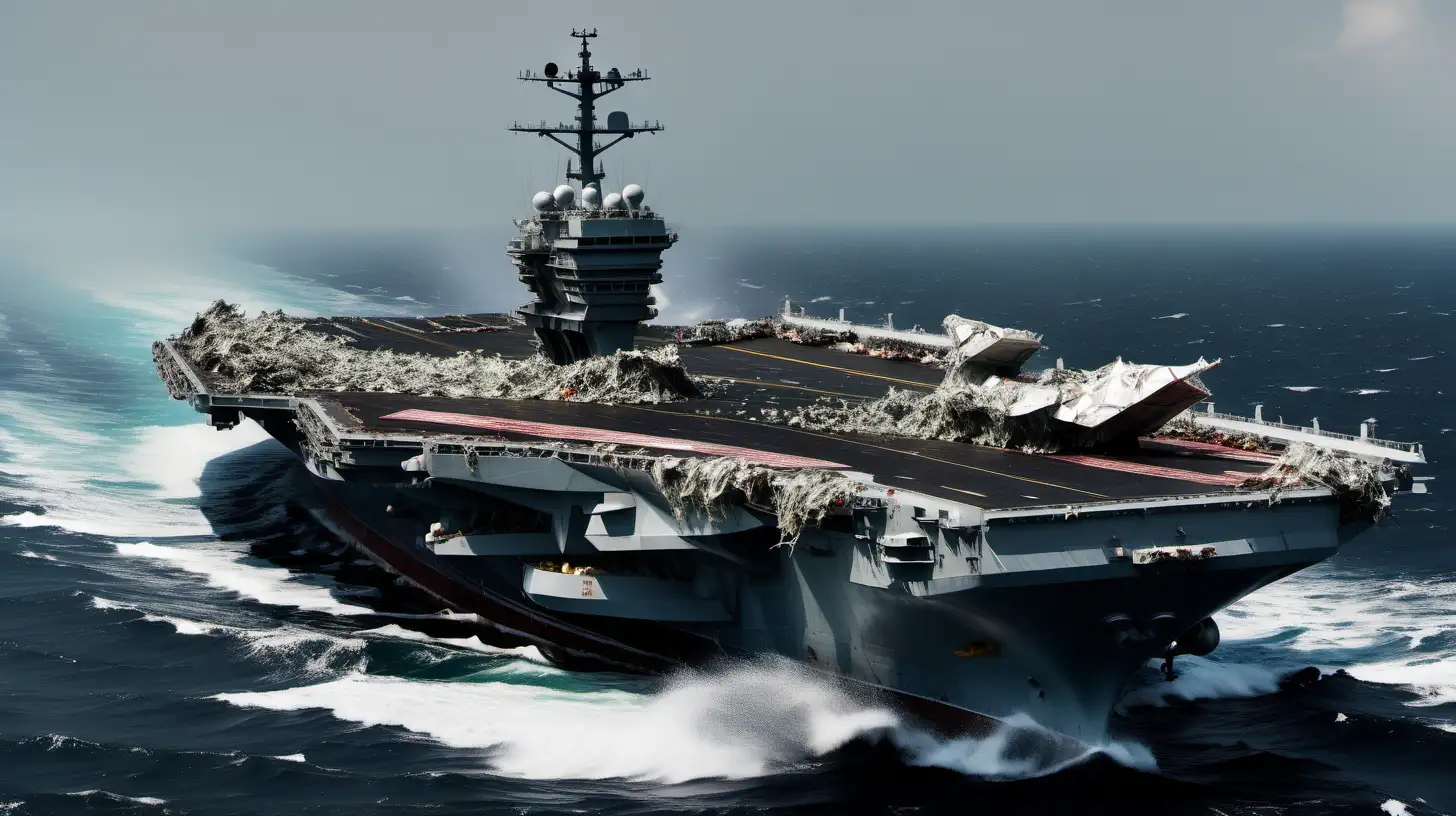 AN AIRCRAFT CARRIER LOOKING LIKE A GARBAGE ON ROUGH HIGH SEAS