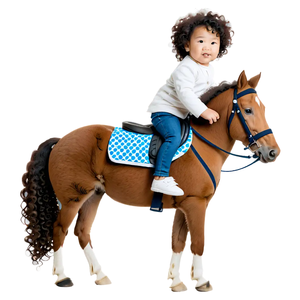 asian baby with curly hair riding a pony