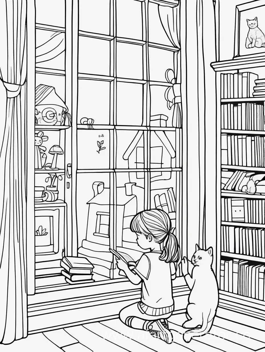 Girl-Playing-with-Kitten-in-Simple-Black-and-White-Childrens-Room-Drawing