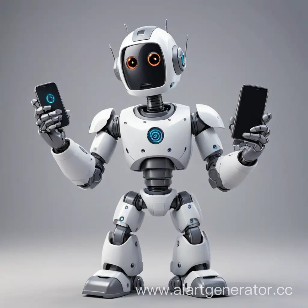 мультяшный робот держит в руках телефоны 