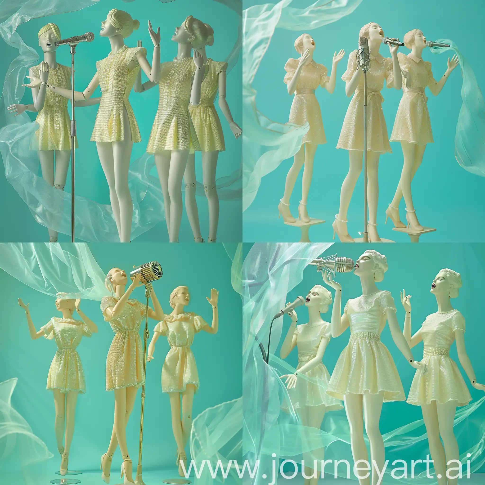 prom dress store retail shows three female antique mannequins singing in one vintage  mic in romantic light  .  all of them is singing in the mic , every mannequin is showing  different emotional hand movements from others  as she is singing  ,each mannequin wears a plain light yellow pearled short cute dress . the background is aqua blue . an aqua blue organza fabric is flying in a smooth way begins  from the top left from the back ground and comes around the mannequins legs .