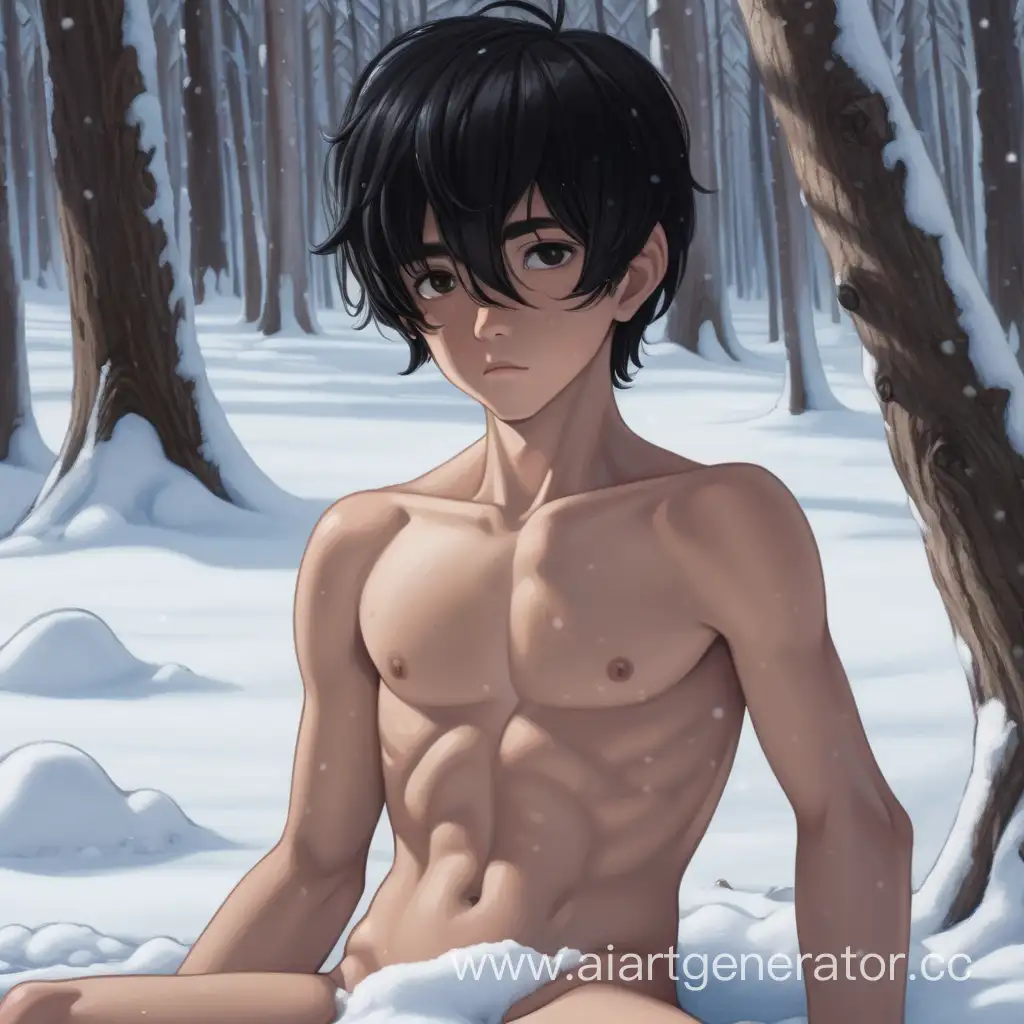 Naked-Boy-Resting-in-Winter-Forest