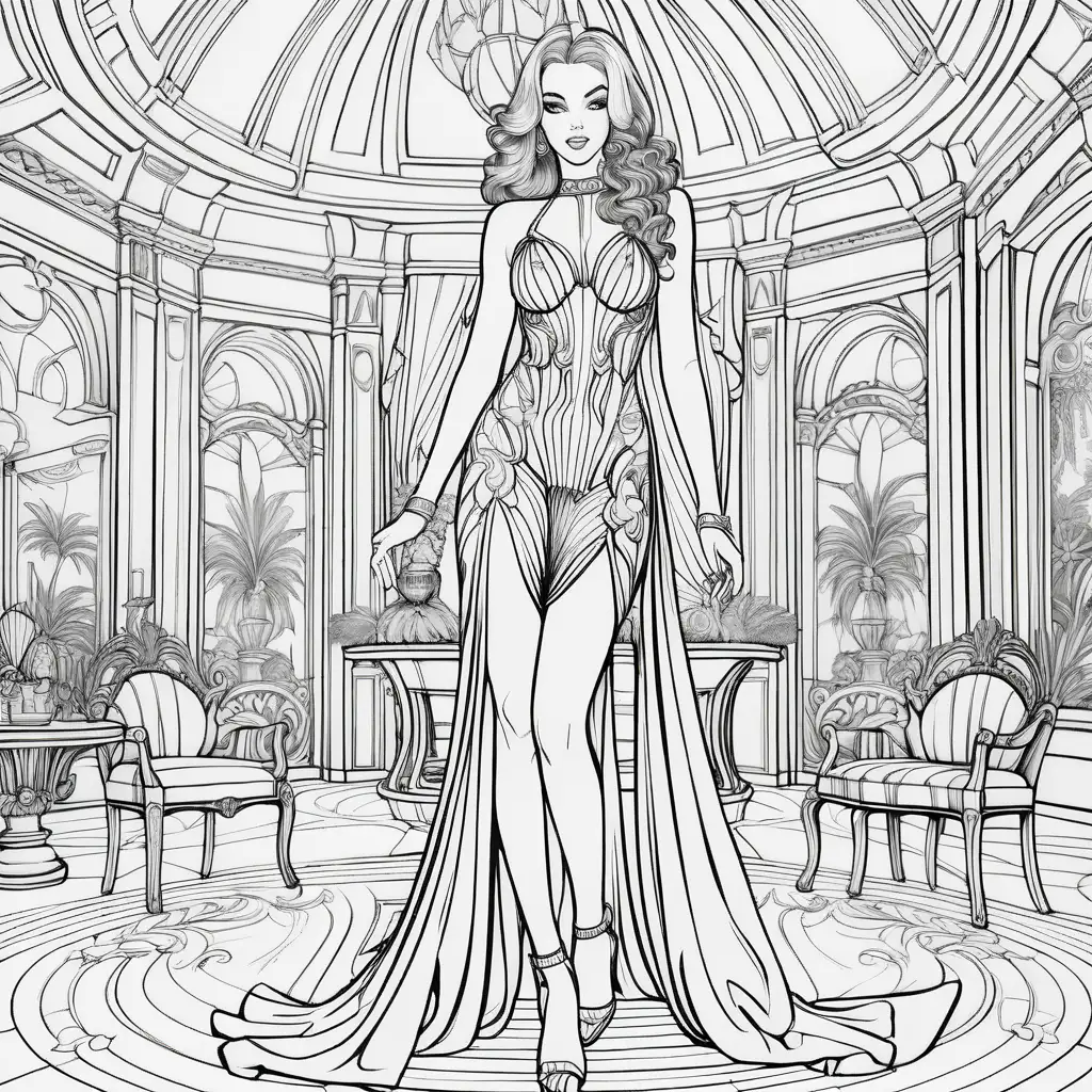Detailed Black and White Coloring Book Page High Fashion Fantasy Model in Latex Cocktail Dress