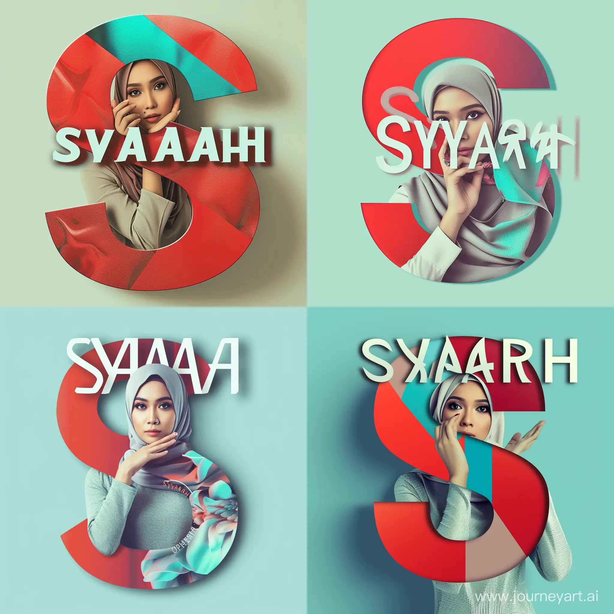 Collage style, Photo of captivating malay woman with hijab, cover the entire surface of the letter, (The head and palm on nose, emerges from the center of the "S"), popup, with the elegant text "SYARAH" on midst, thick, sans-serif font, orchid, red, blue, white, and turqoise, background soft color, giving an iridescent appearance, striking pose, shimmering, vibrant, great composition