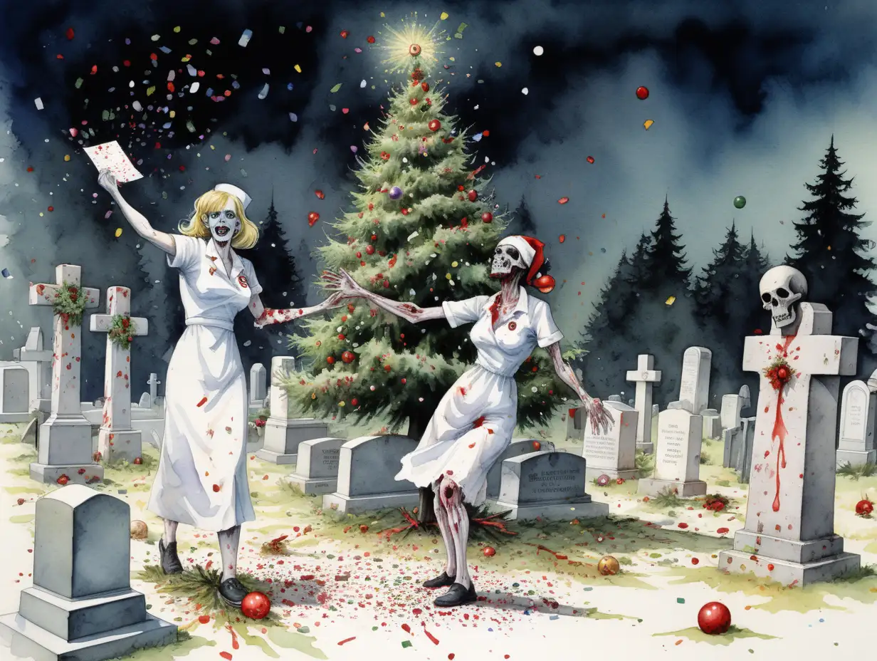 Cementerio, zombis felices lanzando espumillón,arbol de navidad con bolas calaveras,mujer zombi enfermera tetona,estilo Berni Wrightson,acuarela