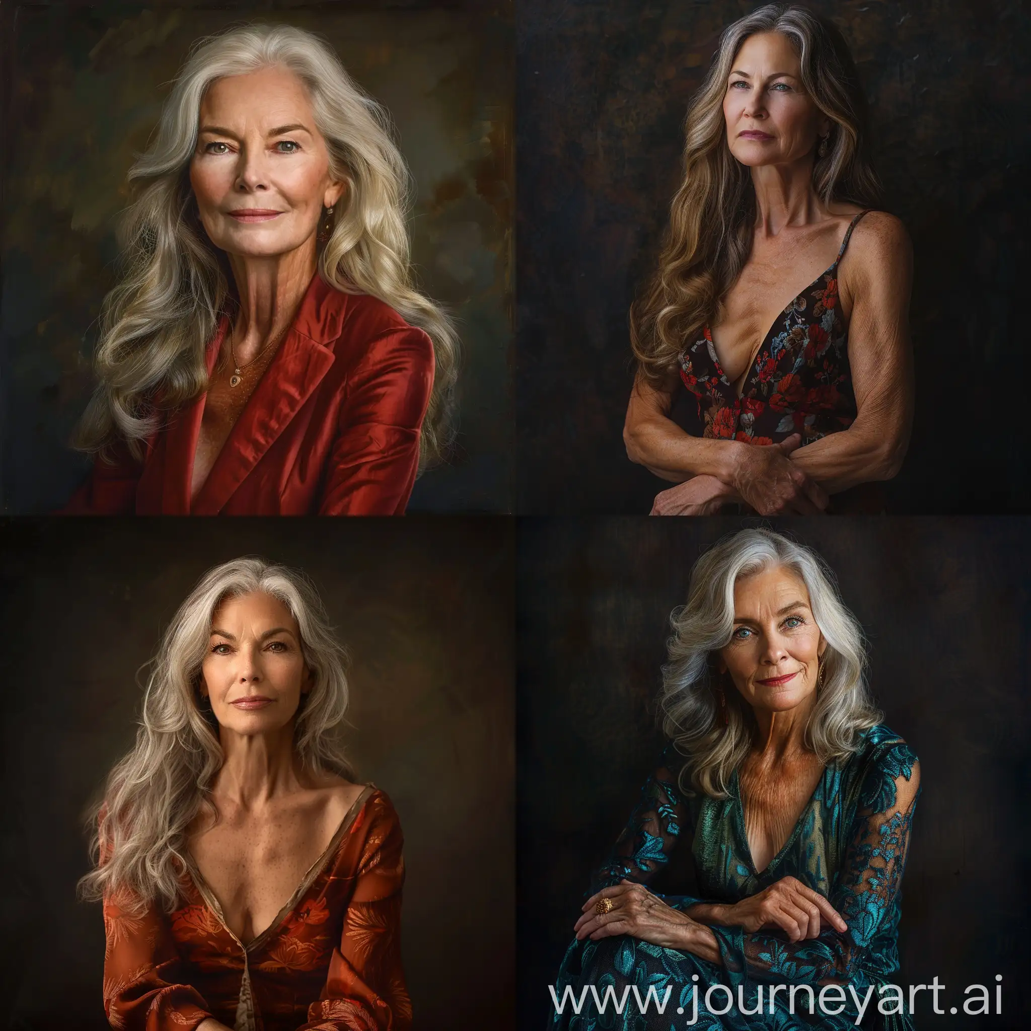 Realistic portrait of a confident and seductive woman in her 50s, inspired by the works of John Singer Sargent and Jan van Eyck, soft lighting to enhance her features, intricate details such as wrinkles and fine lines, oil painting style with vibrant colors, long shot to capture her entire figure.