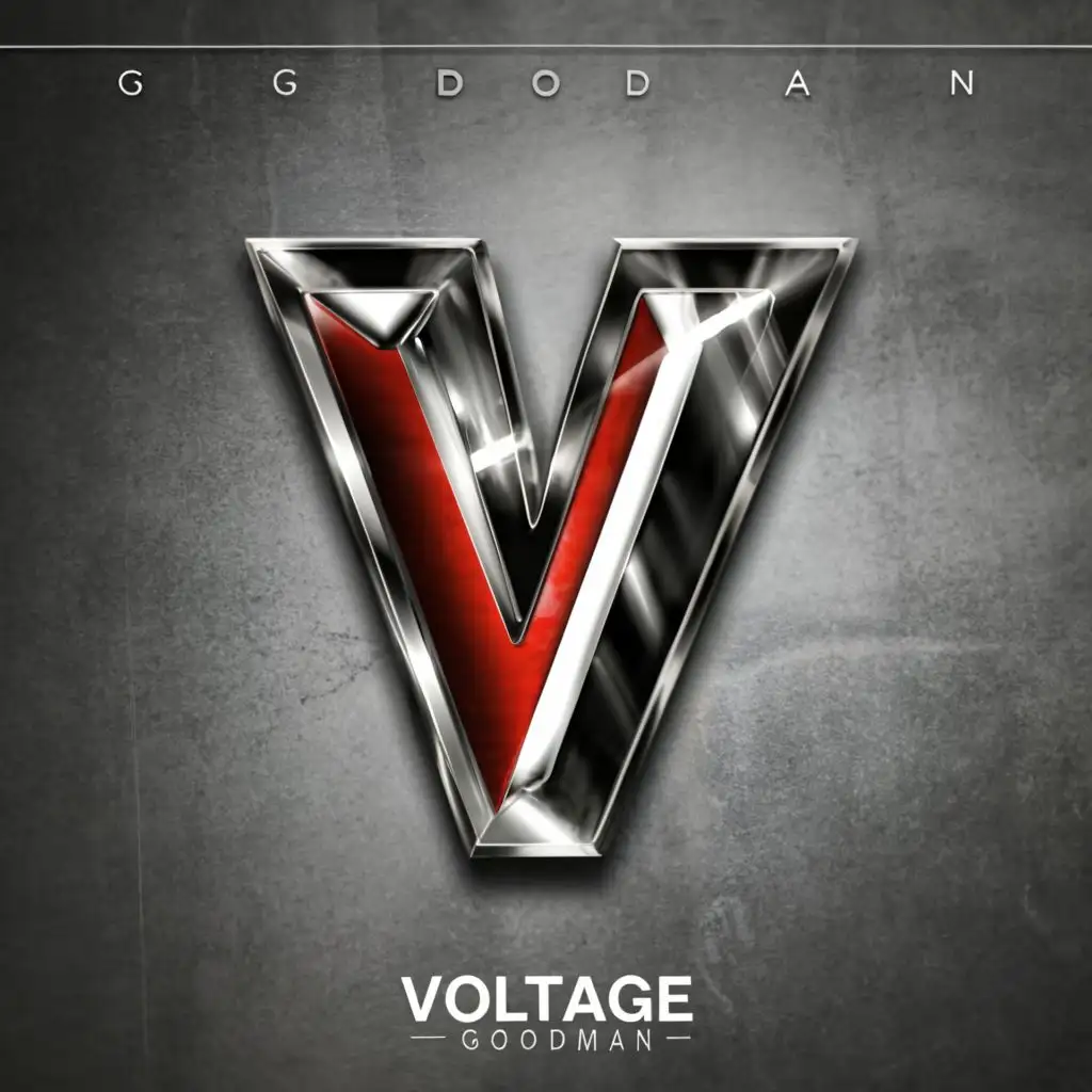 LOGO-Design-For-Voltage-Goodman-Striking-Red-Chrome-Letter-V-with-Typography-for-the-Music-Industry