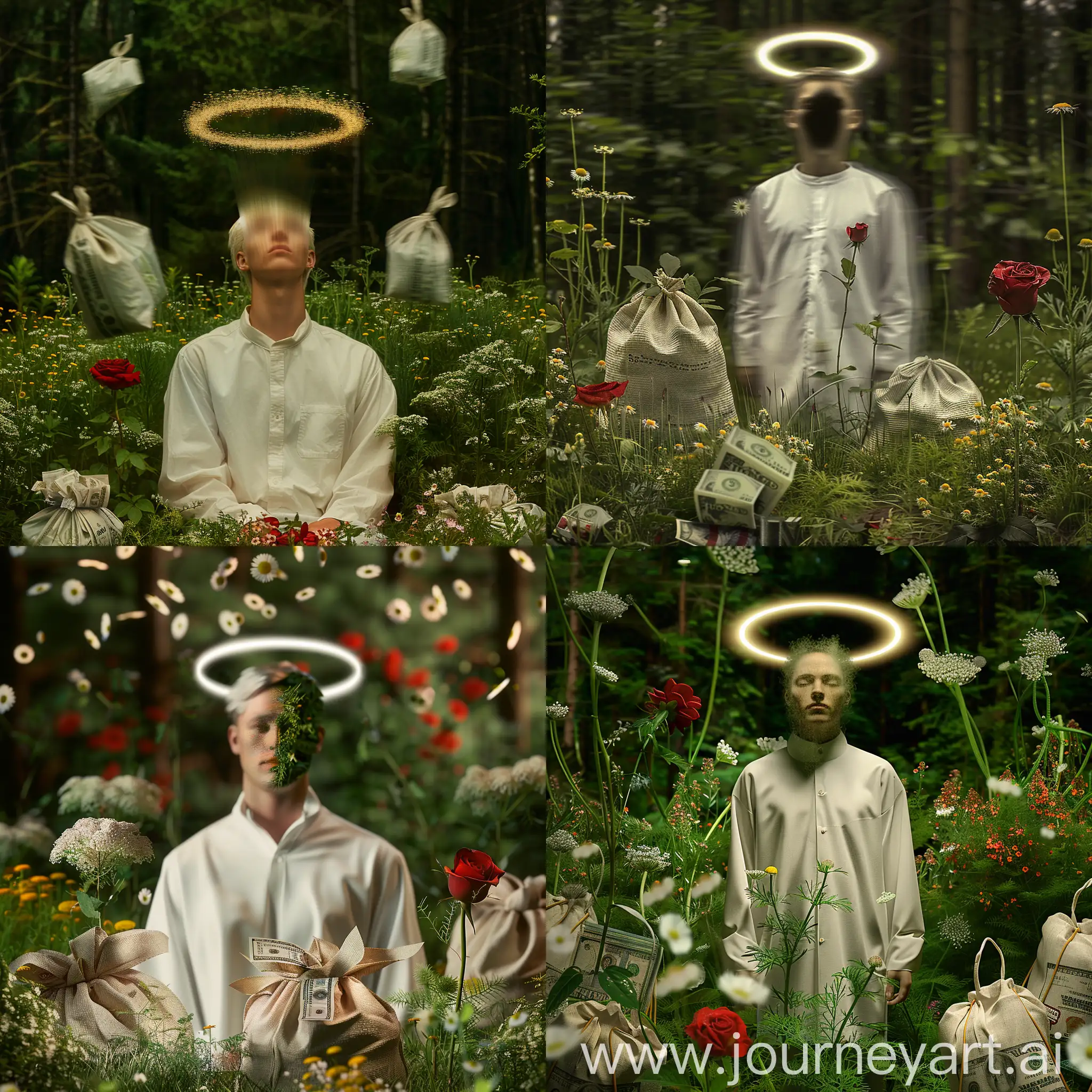 Mysterious-Figure-in-Heavenly-Halo-Amidst-Lush-Forest-with-Wealth-and-Flowers