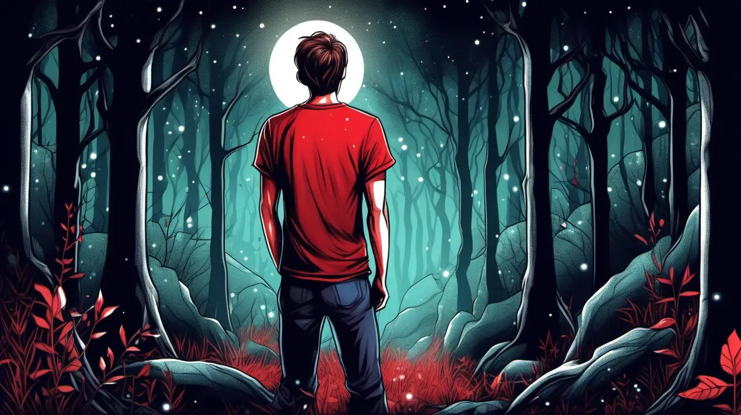 illustrate a brown hair man  with red t-shirt ,in the magical forest , at night, 
