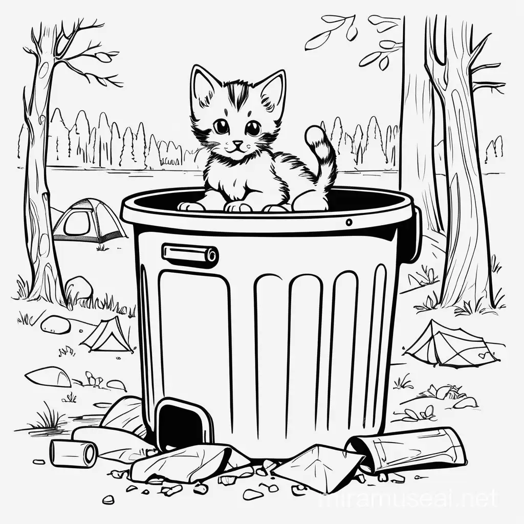 Kitten Litters in Trash Can at Camping Site Outline Sketch