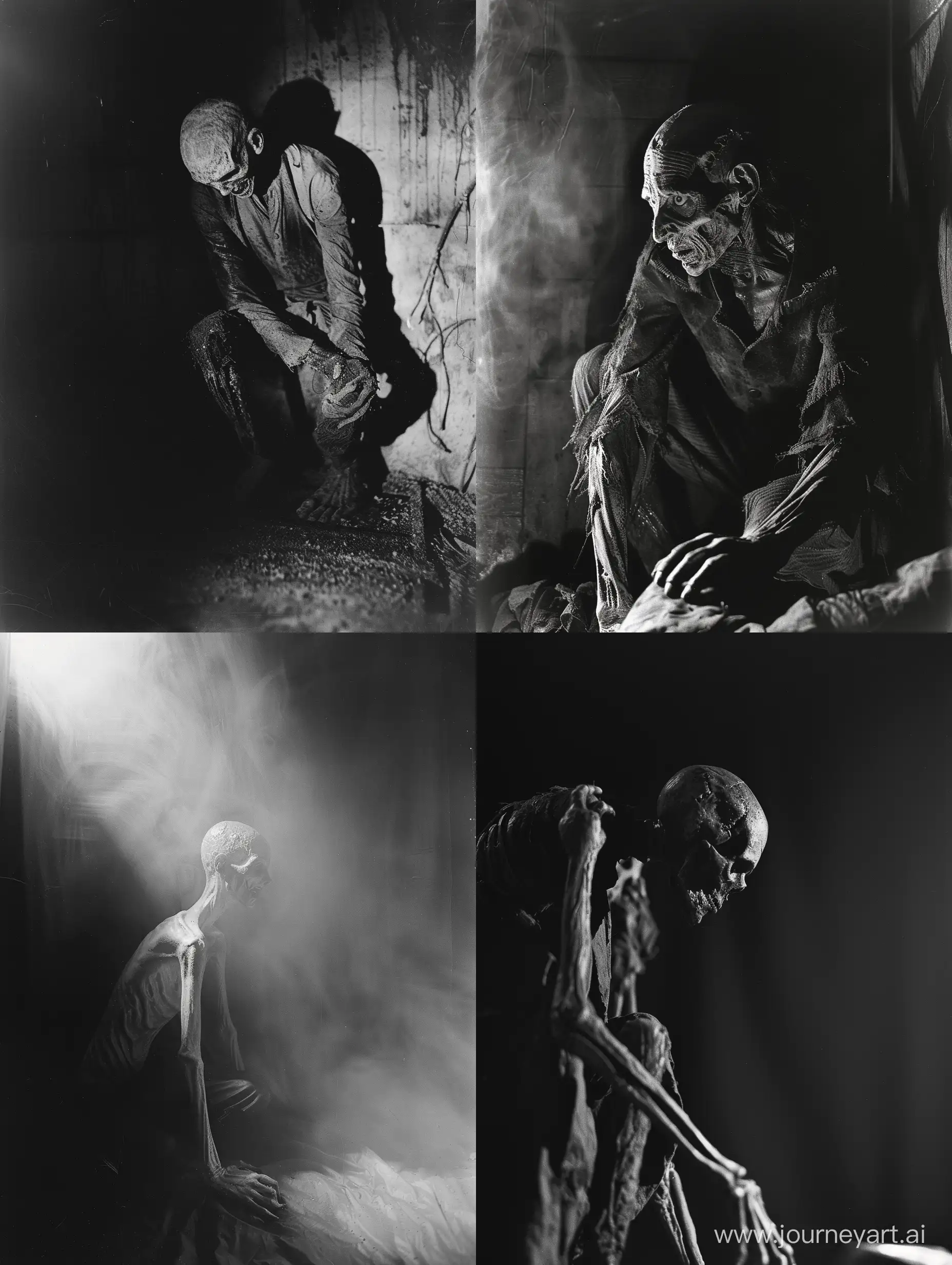 Grayscale photo of a haunting figure in the eerie tonic-clonic position, bathed in dim, flickering light, showcasing the raw intensity and supernatural torment, attention to detail, nightmare fuel, dark horror, expired 35mm film