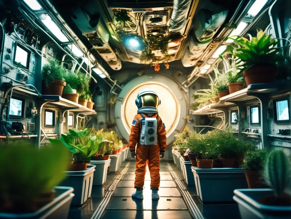AwardWinning Pixar Style Image Boy Wearing Astronaut Helmet Explores Space Station with Lush Plants