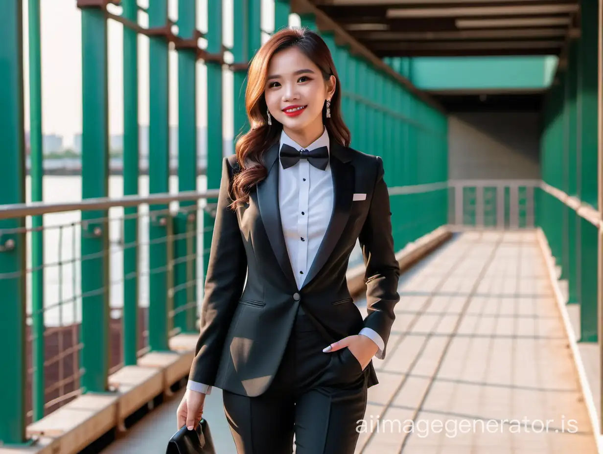   It is night. A stunning and cute and sophisticated and confident malaysian woman with shoulder length hair and  lipstick wearing a black tuxedo with a black jacket.   Her shirt is white with black cufflinks and a (black bow tie) and (black pants). She is walking toward the end of a scaffold.  She is facing you.  She is laughing and smiling.  She is relaxed. Her jacket is open. She has one hand in her pants pocket.  Her other hand is holding a small shiny black purse.  You can see her cufflinks.  She is wearing shiny black high heels. 