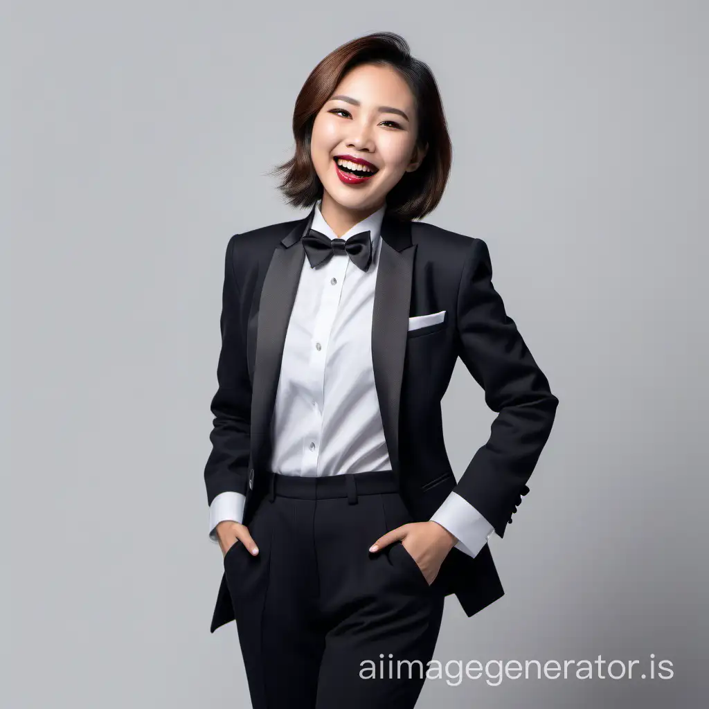 confident and sophisticated Asian woman with shoulder-length hair wearing a tuxedo, white shirt with black bowtie, lipstick, hands in pockets, smiling and laughing, open jacket