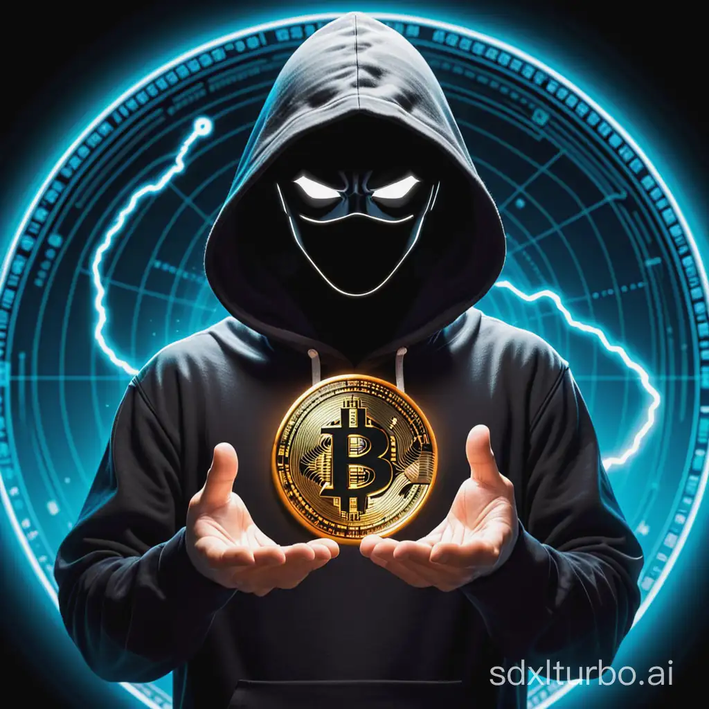 there is a new badass, dark, mysterious memecoin called "BITCOIN WORLD ORDER" and i want something badass. imagine a giant anonymous satoshi nakamoto facing us in a dark hoodie where his face isn't not visible just a shadow, and his hands are outstretched in front hovering over a giant floating bitcoin, glowing radiantly and triumphantly in front