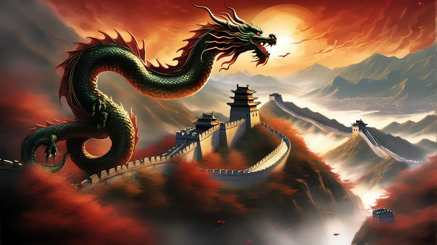 Depict a spirited Dragon soaring over the Great Wall of China:
Description: Envision a scene where a powerful and benevolent Chinese dragon soars gracefully above the iconic Great Wall. Use warm sunset tones to illuminate the dragon's scales and emphasize its long, sinuous body against the backdrop of the ancient wall winding through the mountains. Add details like lanterns, traditional rooftops, and distant mountain ranges to evoke a sense of historical and mythical fusion