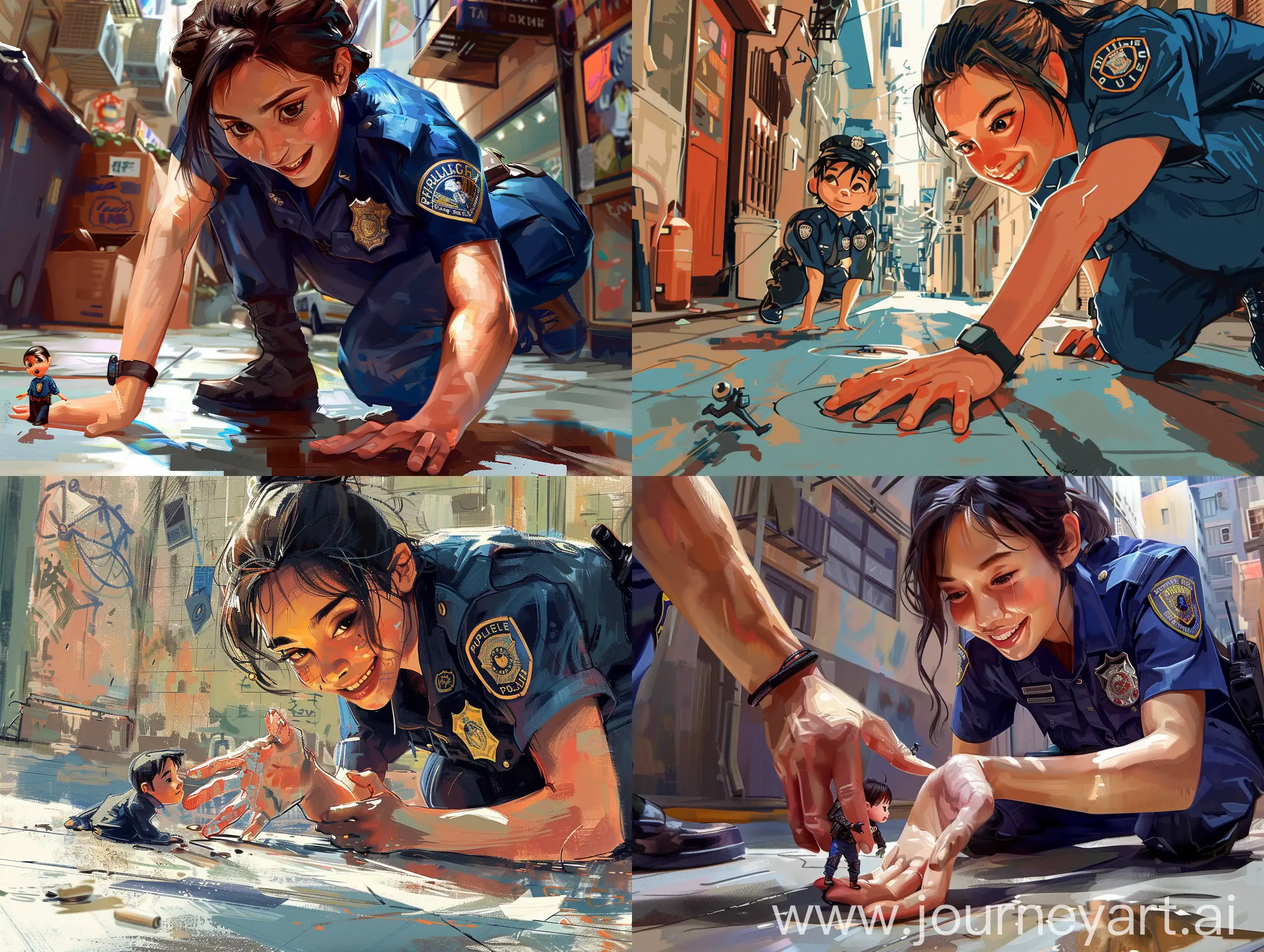 low angle view of young female police officer finding a tiny thief on the floor. Her hand is reaching for him. She has a smug smile on her face. Street setting. anime digital painting
