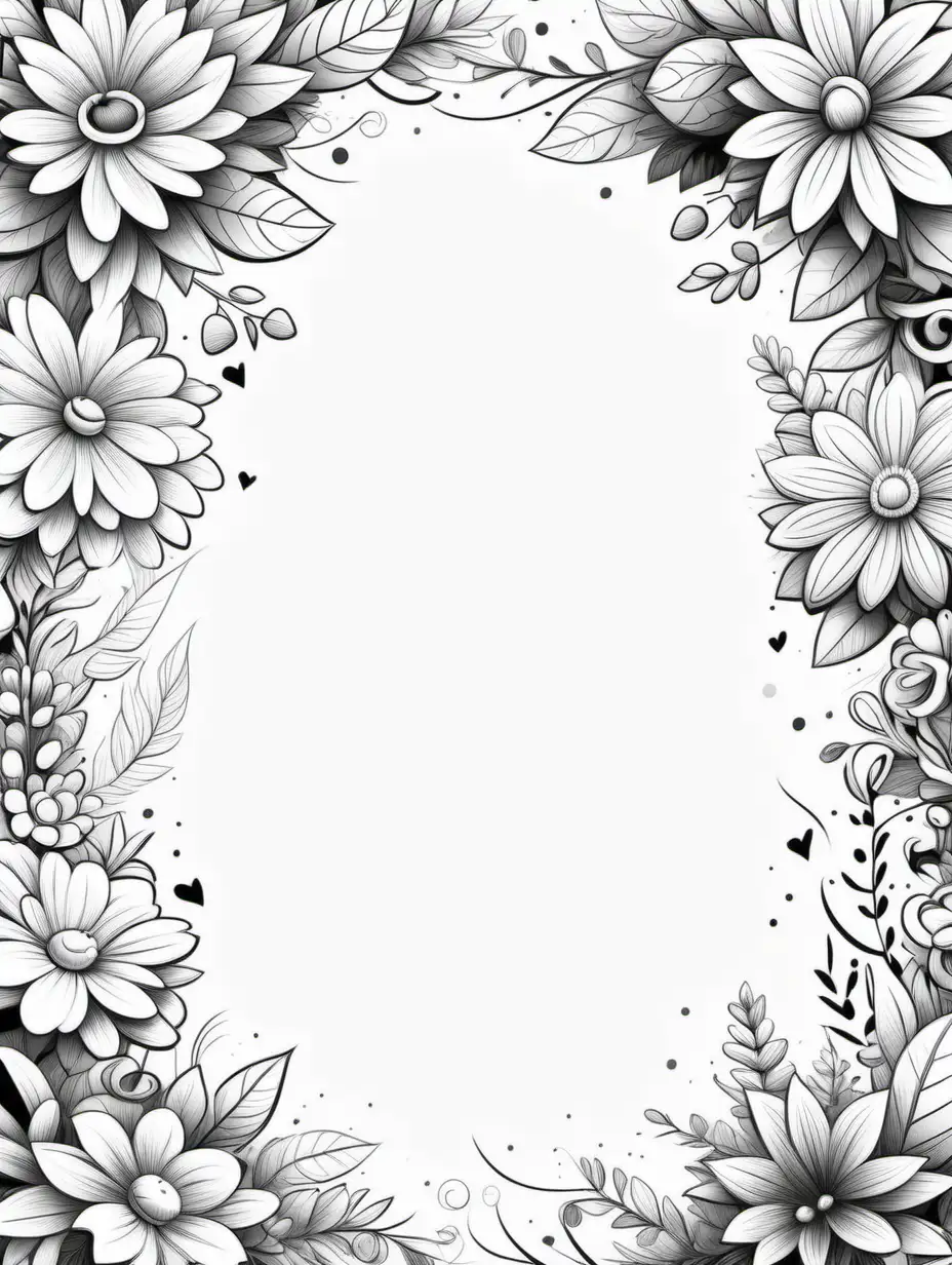 Cartoon Style Floral Garland Drawing in Black and White