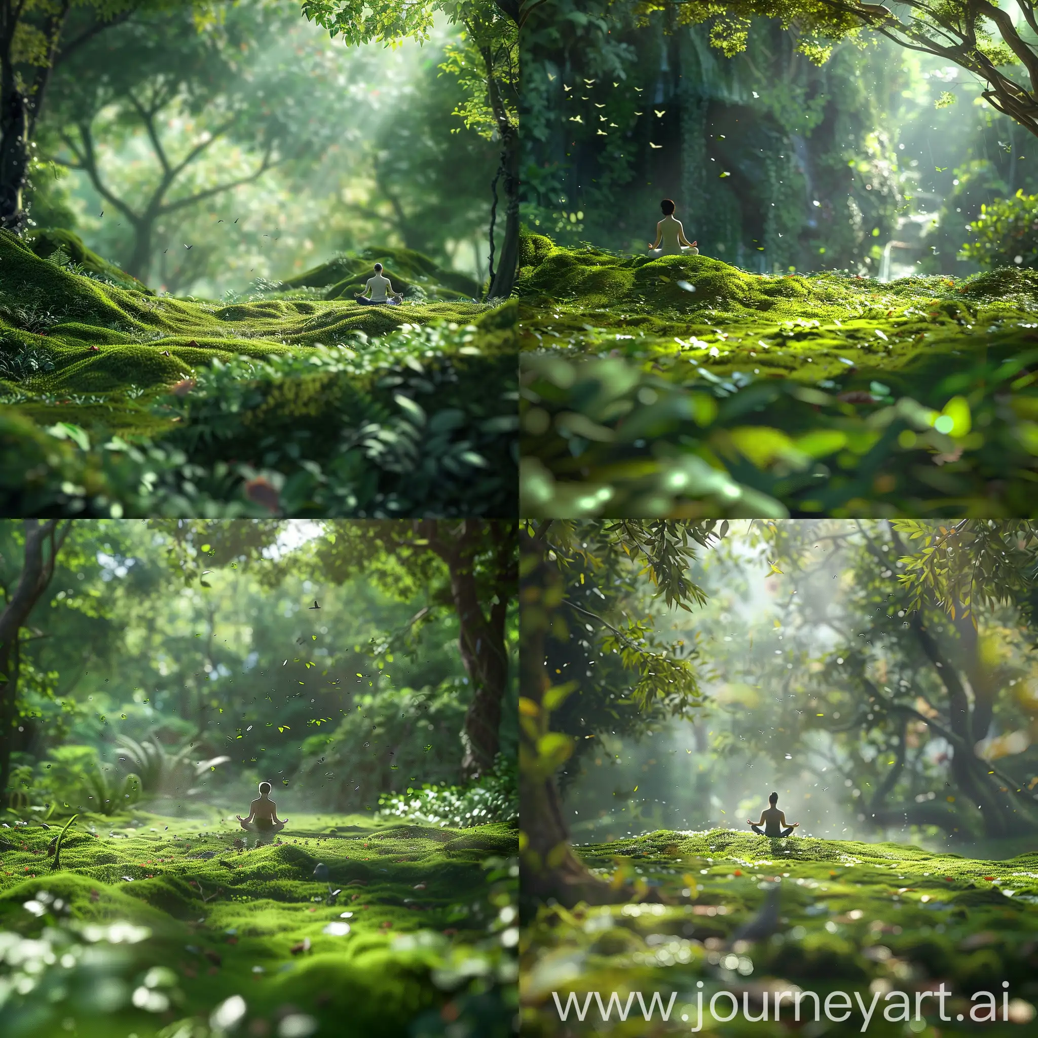  Craft a serene and captivating image with Midjourney:  Zoom in on a person meditating amidst a lush forest clearing, surrounded by vibrant greenery and tranquil natural surroundings. The individual is depicted in a state of deep serenity and inner peace, their eyes closed in quiet contemplation as they connect with the rhythm of nature. The sunlight filters through the canopy above, casting gentle dappled shadows on the forest floor. Birds chirp softly in the distance, and a gentle breeze rustles the leaves, adding to the soothing atmosphere. Details such as the texture of the moss-covered ground and the intricate patterns of the foliage enhance the realism of the scene.  Through the evocative imagery of the serene forest setting, the photograph encapsulates the essence of inner peace and self-care amidst life's chaos, inviting viewers to immerse themselves in the tranquility of nature and find solace in moments of quiet reflection and mindfulness with Midjourney