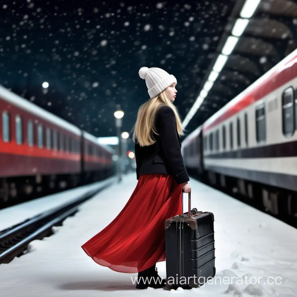 Девочка 14 лет с русыми волосами, повёрнутая спиной везёт чемодан, длинная красная юбка, чёрная куртка, белая тёплая шапка, на фоне вокзал и никого нету, поздняя ночь, на улице снег, максимально реалистично 