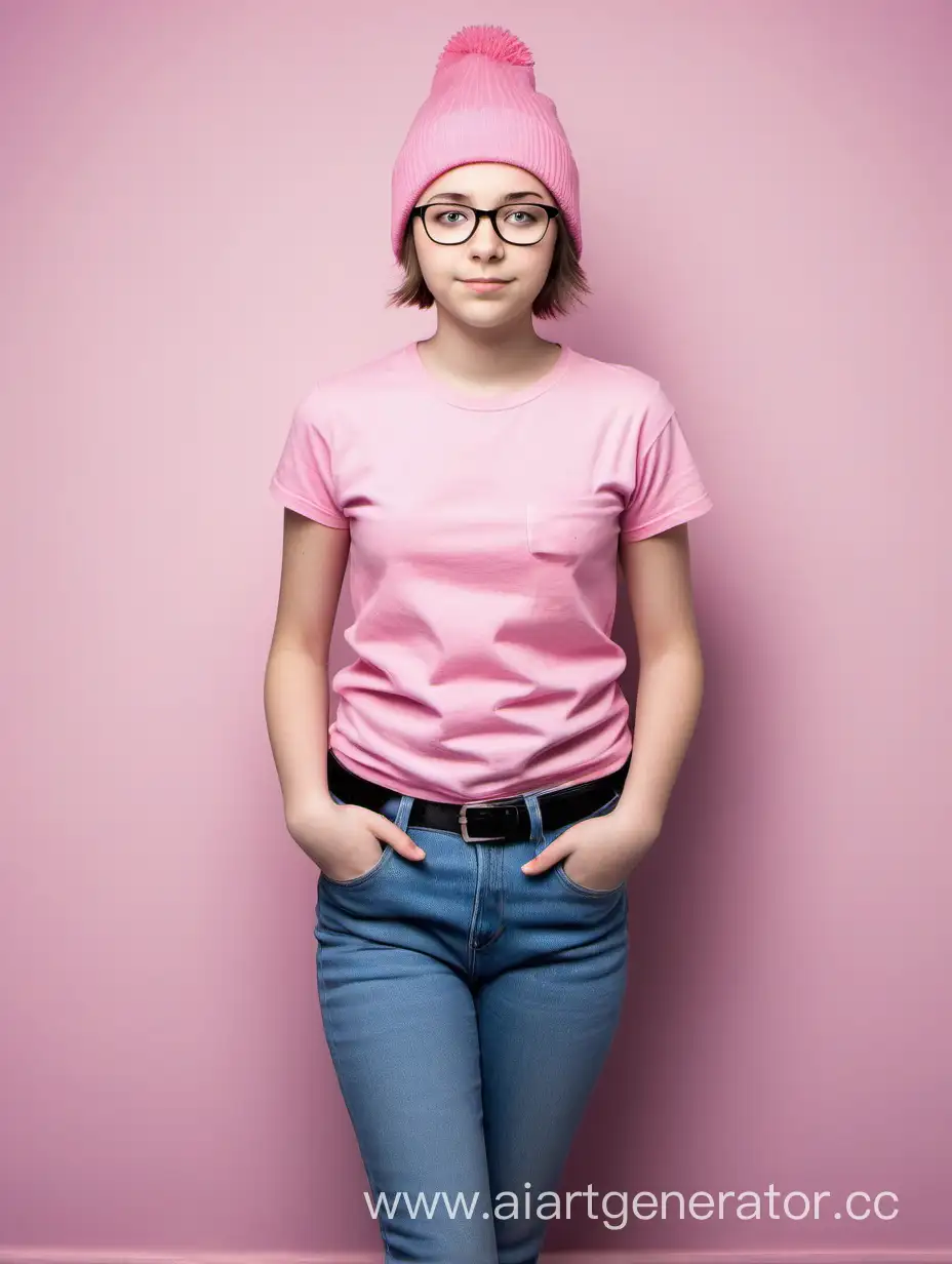 Teenage Girl 17 Years with Brown Short Hair to Her Shoulders Wearing a Plain Pink T Shirt Blue Jeans White Shoes Has Glasses & Wears a Pink Beanie On Her Head.