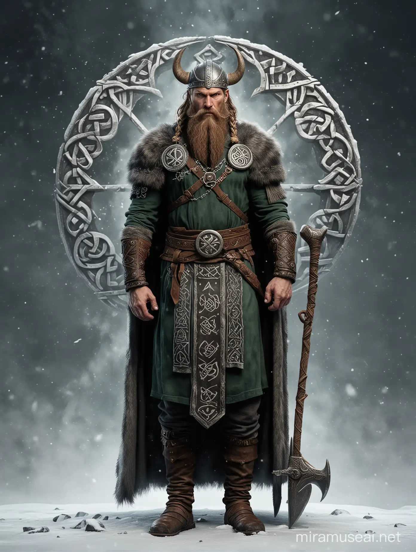 Viking God Balder in Winter Landscape with Rune and Celtic Symbols