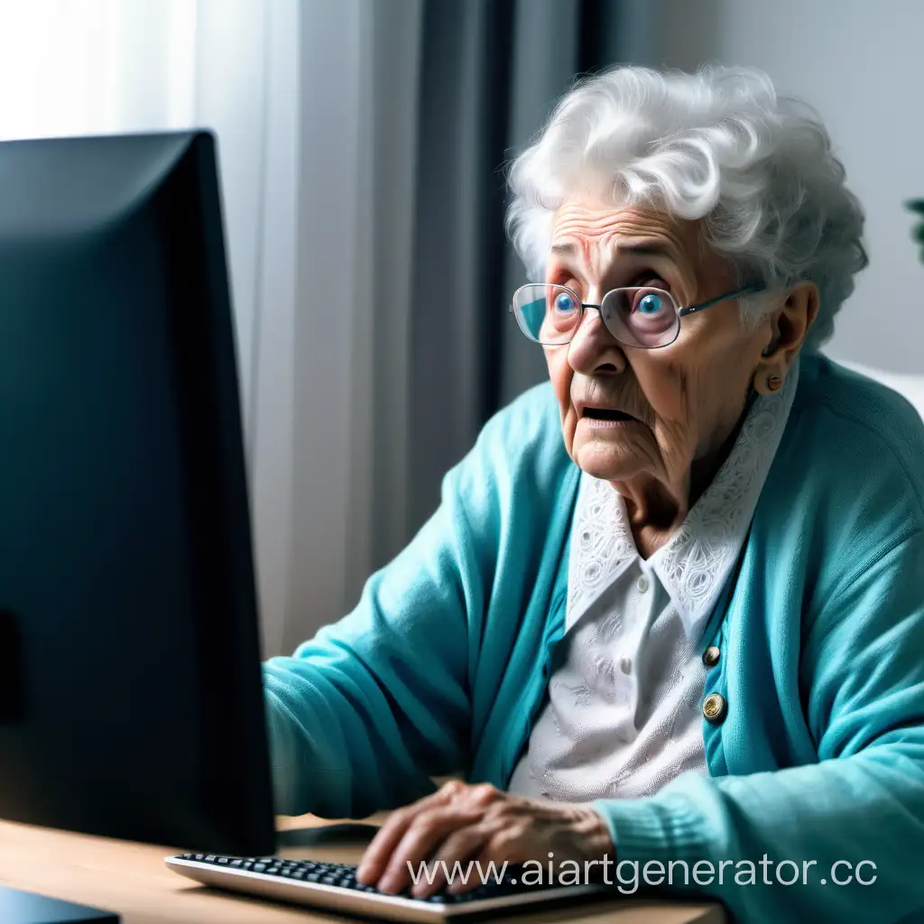 бабушка боится компьютер и смотрит на него издалека 