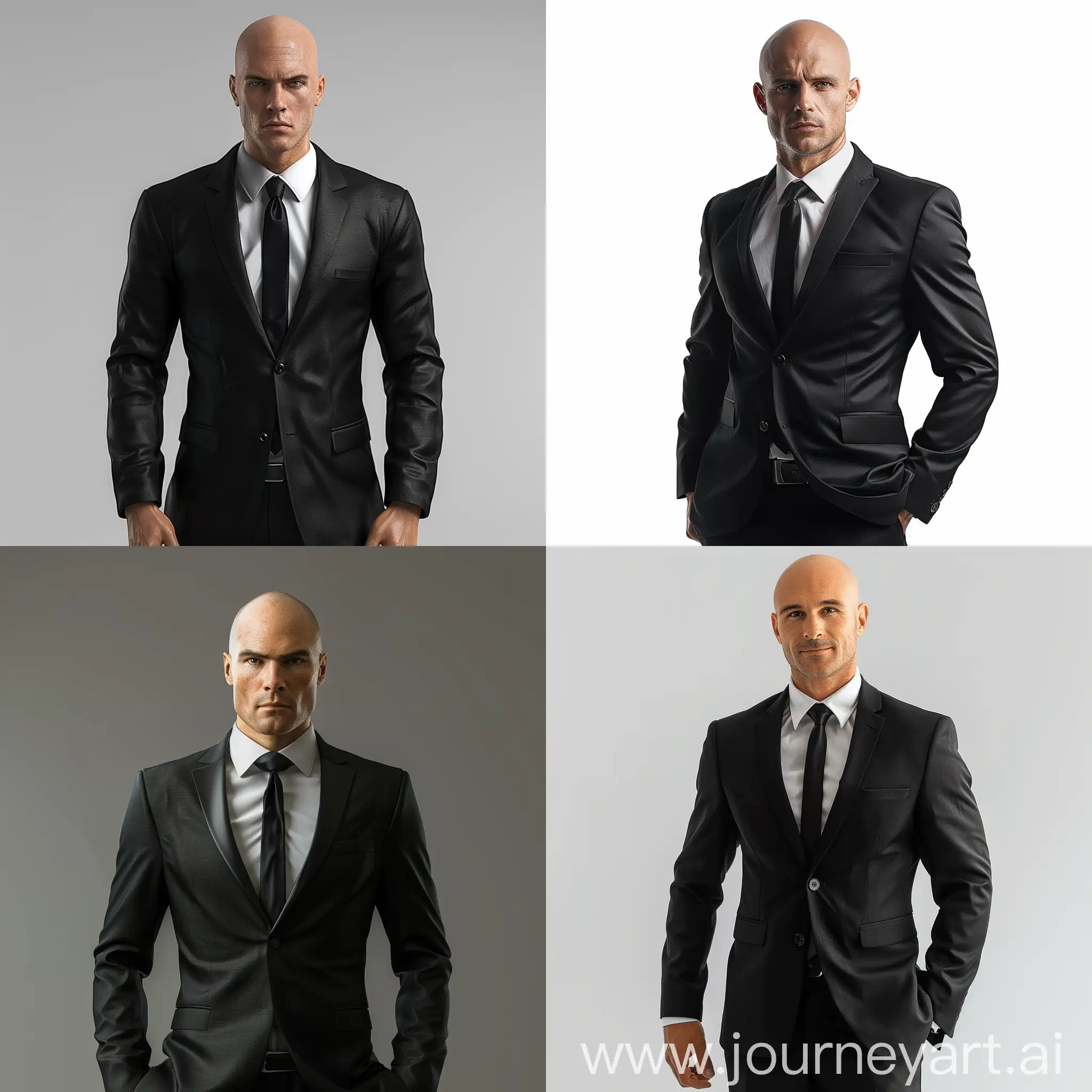 bald business man black suit full body ultra realistic