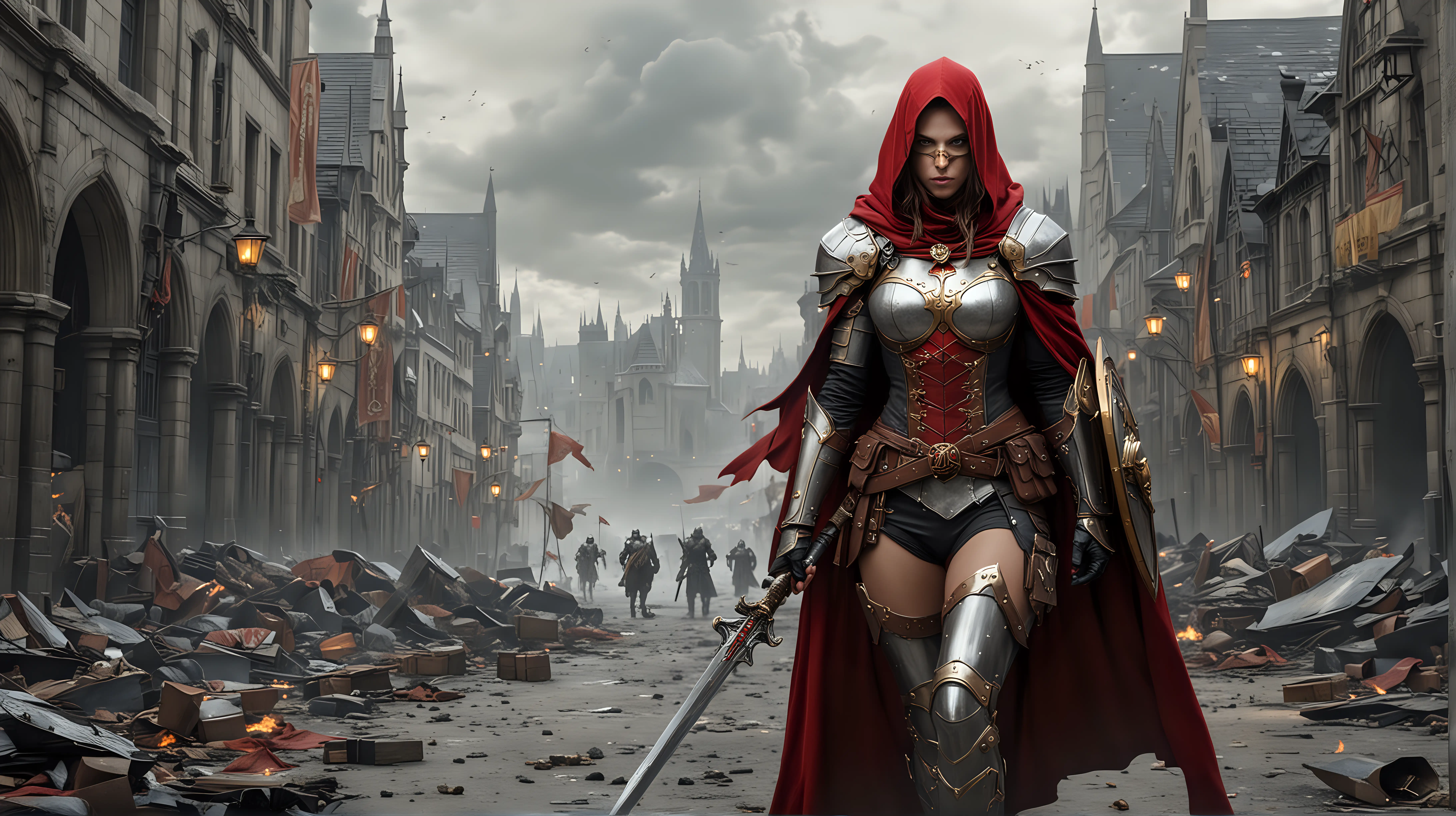 inquisitor , knight, woman, epic fantasy, red hood, cloak, large shield, knight mask, white, banner from shoulder, gold armour trim, angry look, weapons drawn, heavily armoured. city back drop