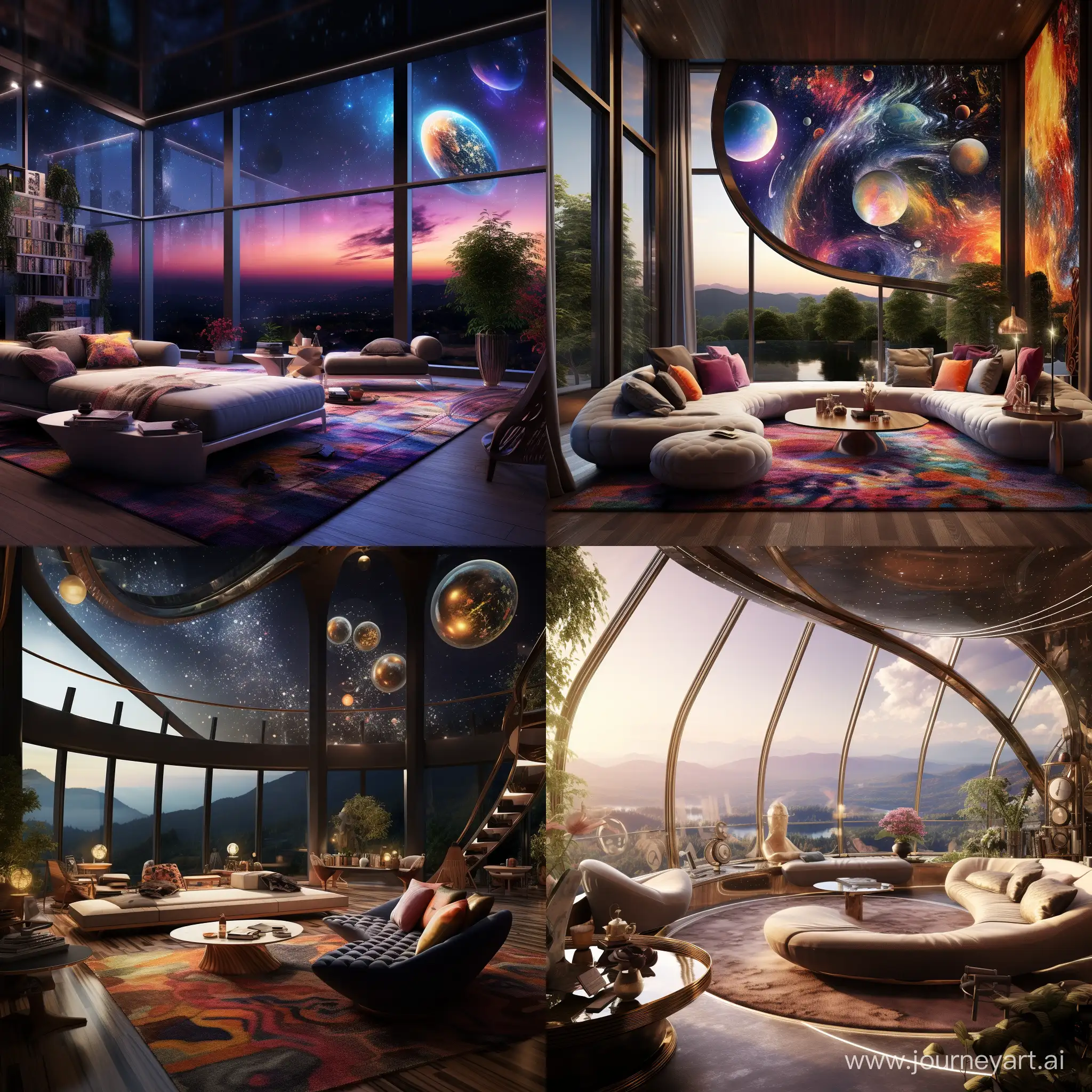 Neo-cosmic living room, featuring a double length floor to ceiling window.