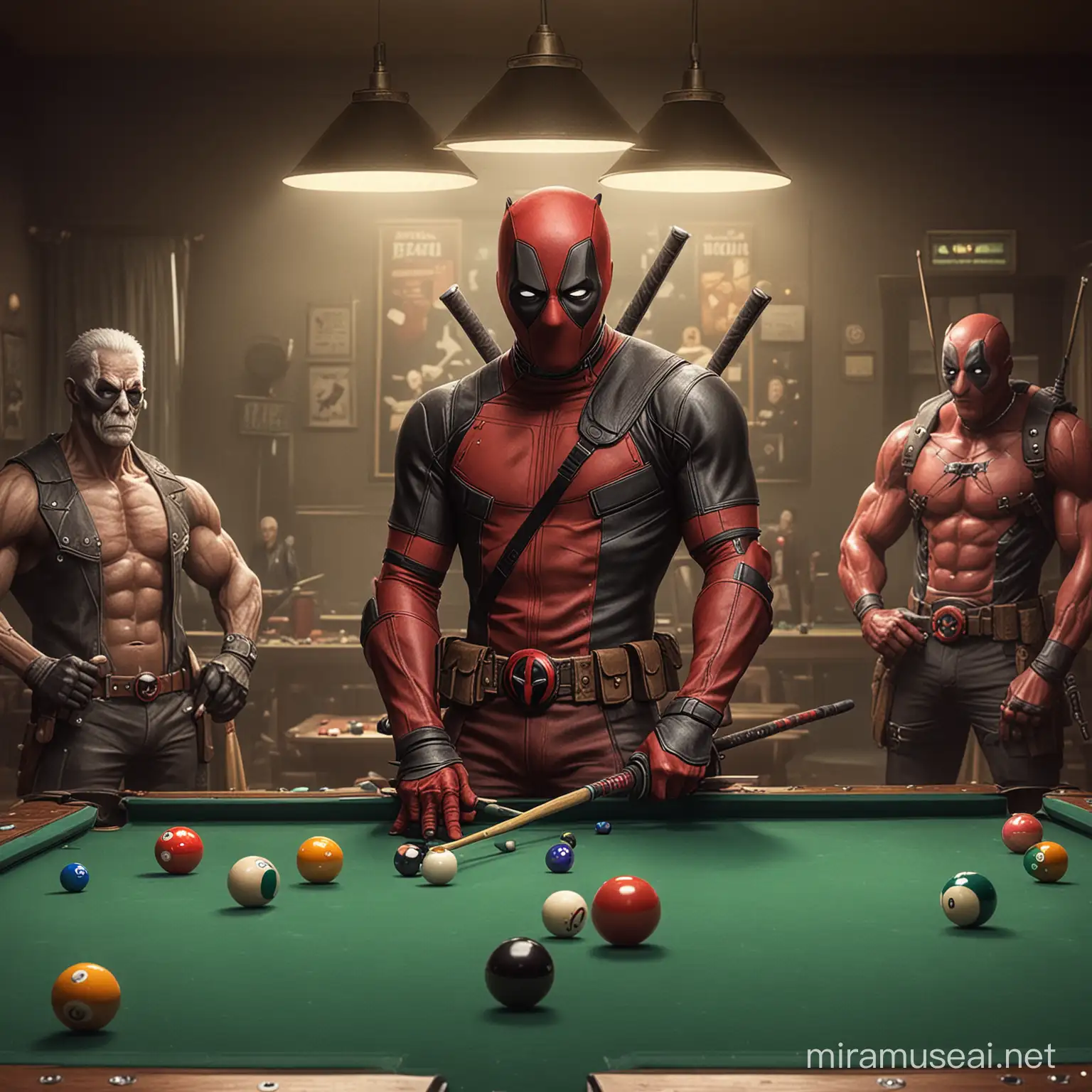 Deadpool Playing Billiards Merc with a Cue Stick in Action