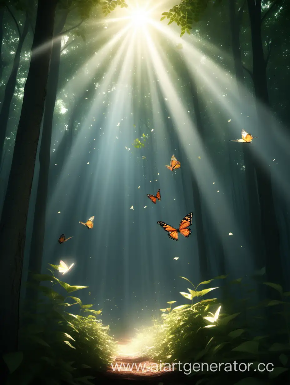 природа, посреди сквозь деревья пробивается луч света, летают бабочки
