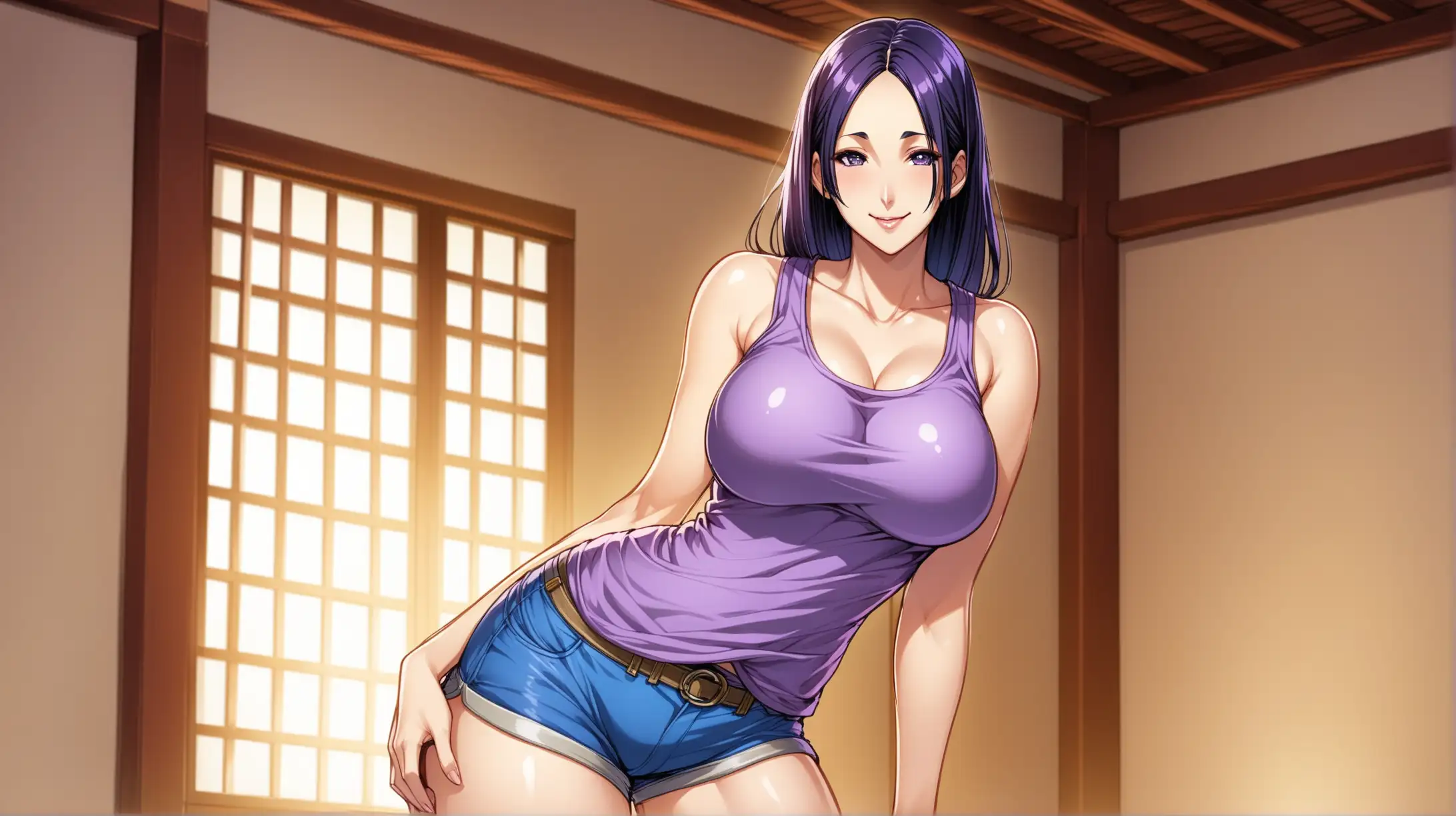 Draw the character Minamoto no Raikou, high quality, standing indoors, in a seductive pose, wearing shorts and a tank top, smiling at the viewer