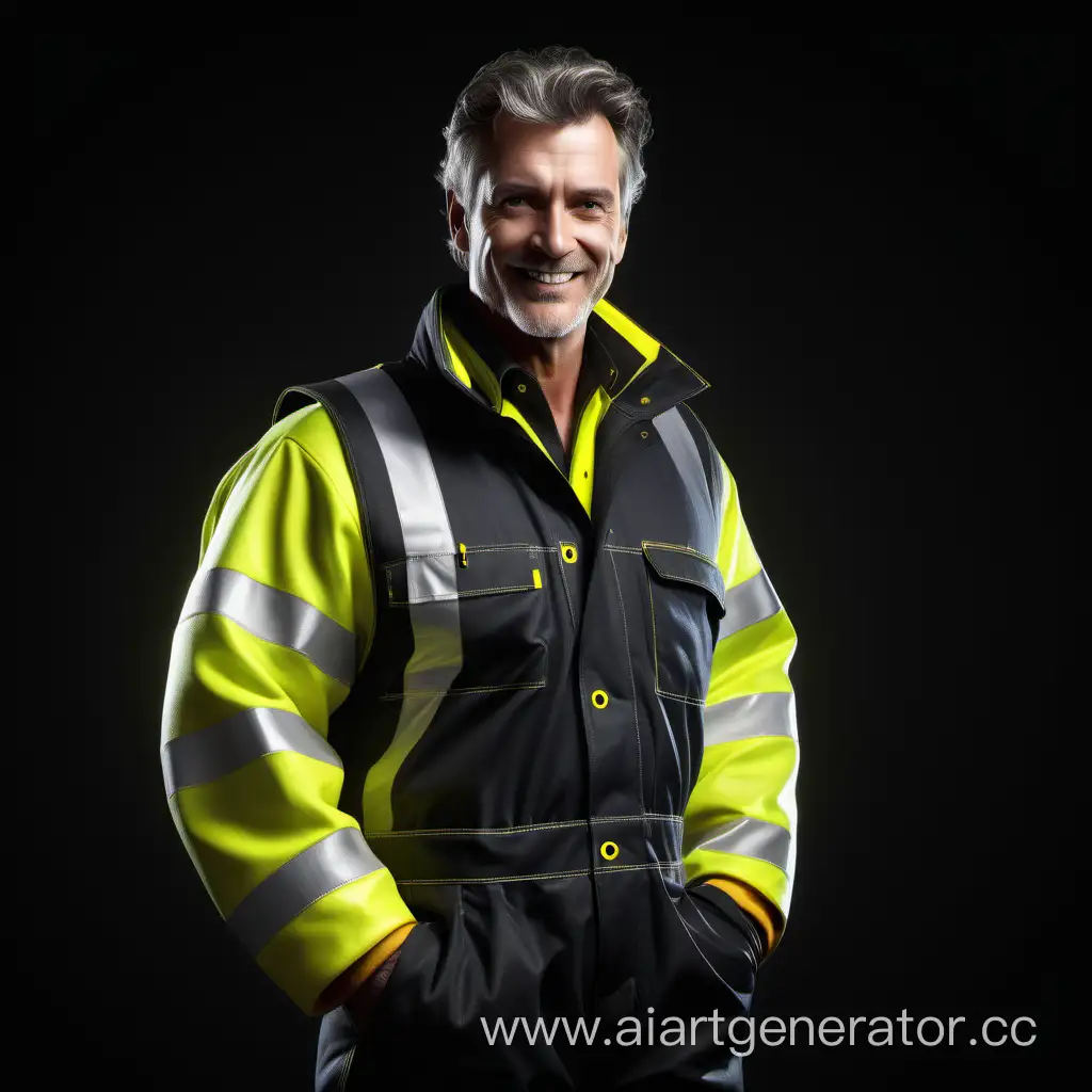 beautiful highly insulated workwear, man, smile, black and fluoresent yellow fabric, front view, full length view.  Cinematic, beautiful, elegant, atmospheric，RAW Photo, dynamic composition, G-Master Lens, Photorealistic, Hyperrealistic, Hyperdetailed, natural light, soft lighting, masterpiece, best quality, ultra realistic, 8k, Intricate, High Detail in julie bell style