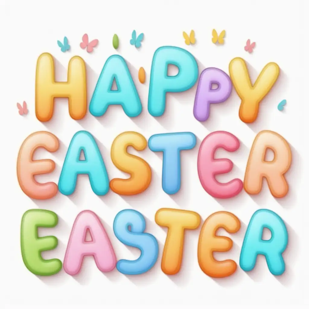 Generate the words Happy easter in arched Pastel letters,cartoon, white background 