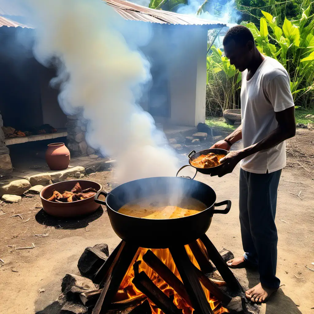 Cooking outdoor in rural Jamaica on wooden fire. A big pot is on top the fire. Inside the pot curry is cooking. A man is standing and watching the pot. The smoke is going up.