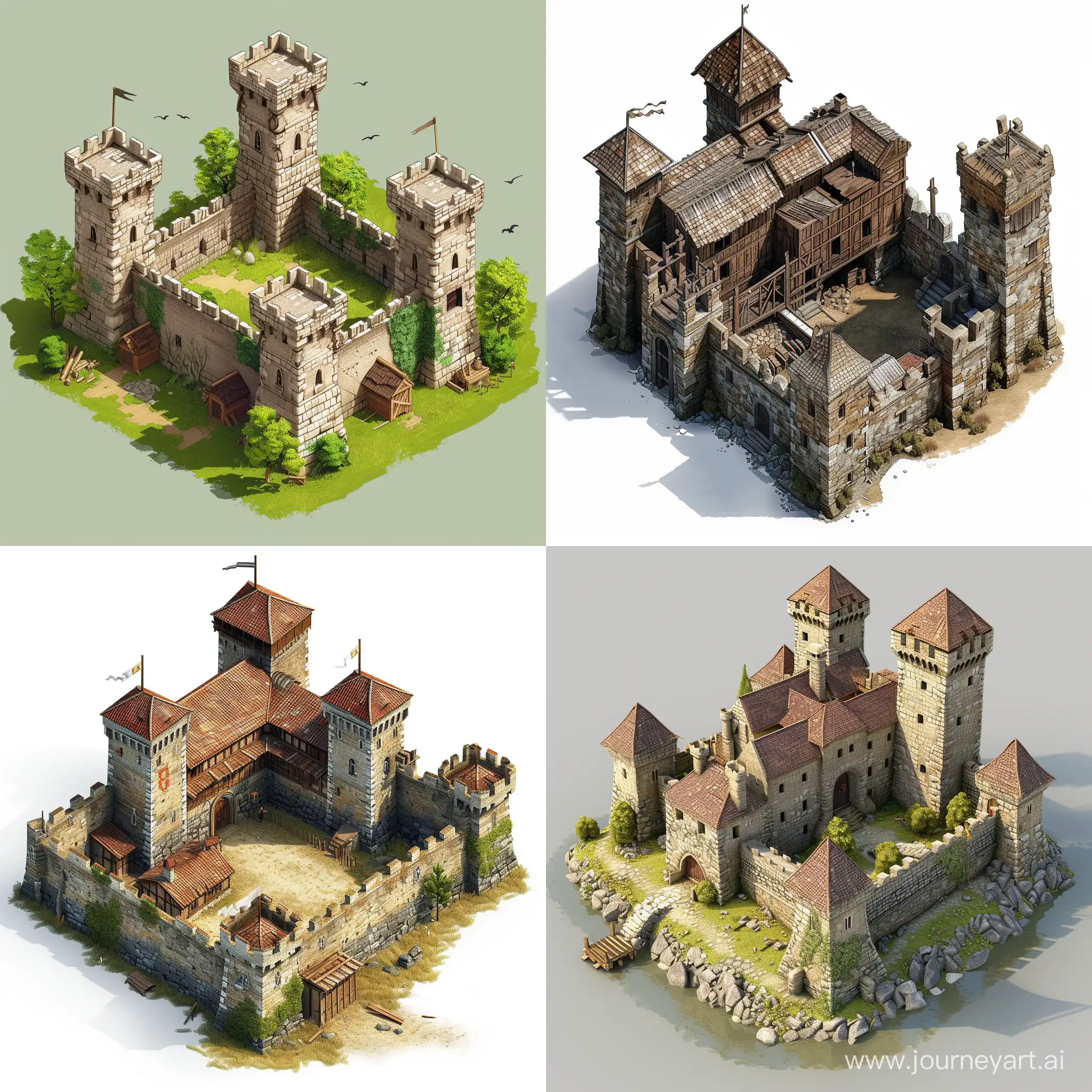 Draw model of medieval stronghold for real time strategy geme (RTS), isometric view, realistic