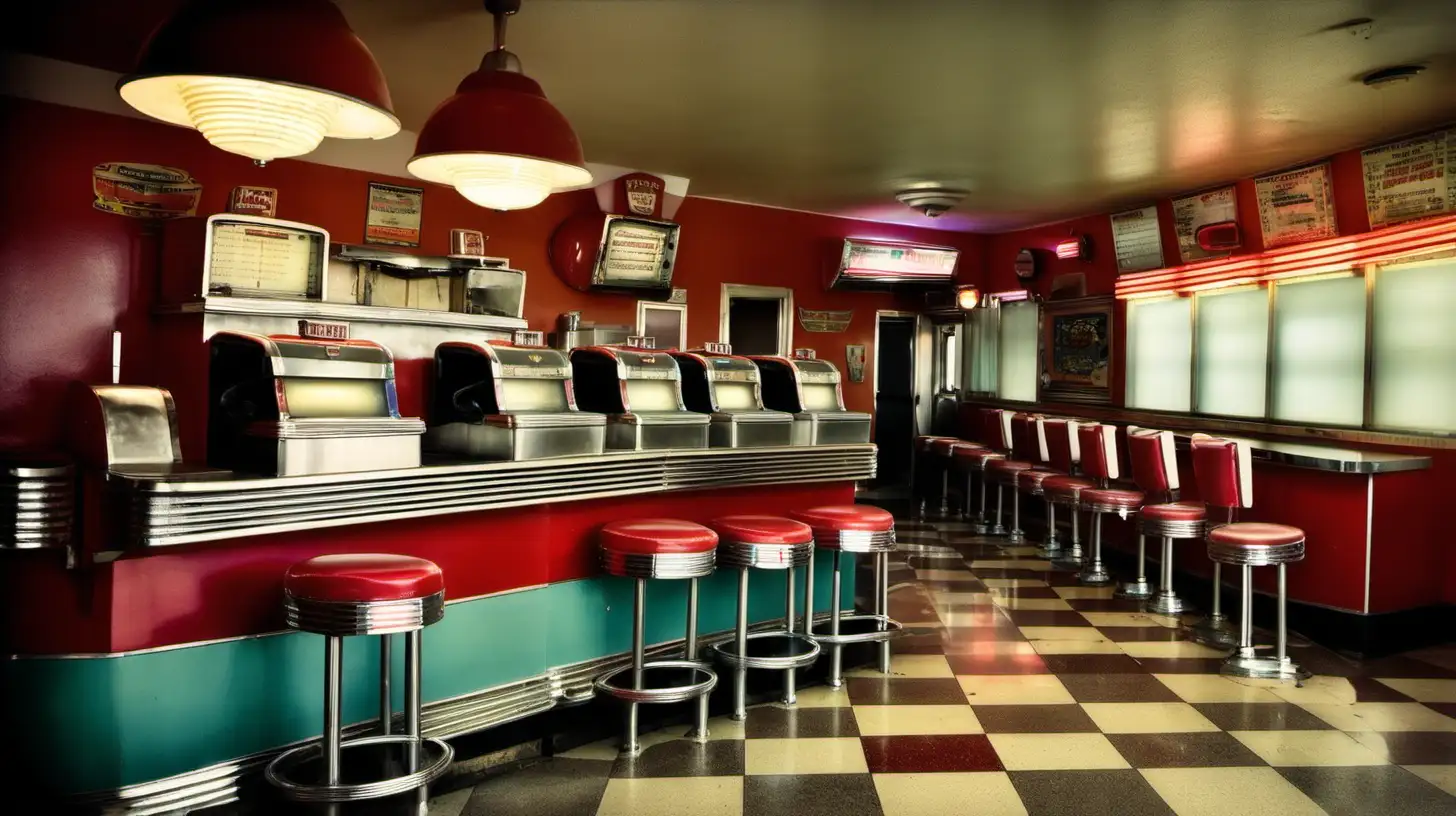 1950 Diner Interior with Colorful Stools and Jukebox