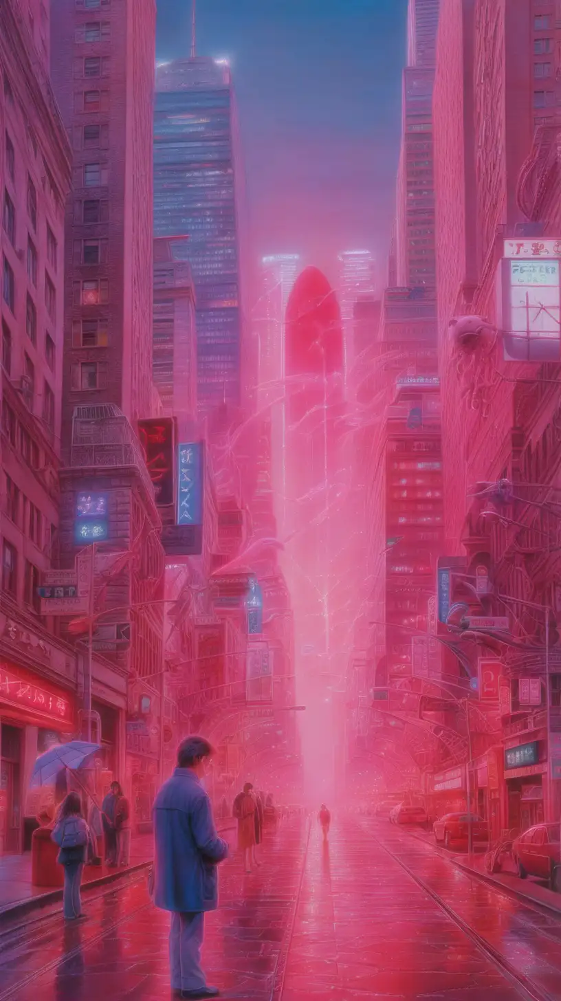  ethereal, strobe, city, FRIENDS, GLAMOUR SHOT, Chromatic aberration, by wayne barlowe,  biomechanical, blur, cyclic, by makoto shinkai, pantone, paradox IN THE SKY, ruby red