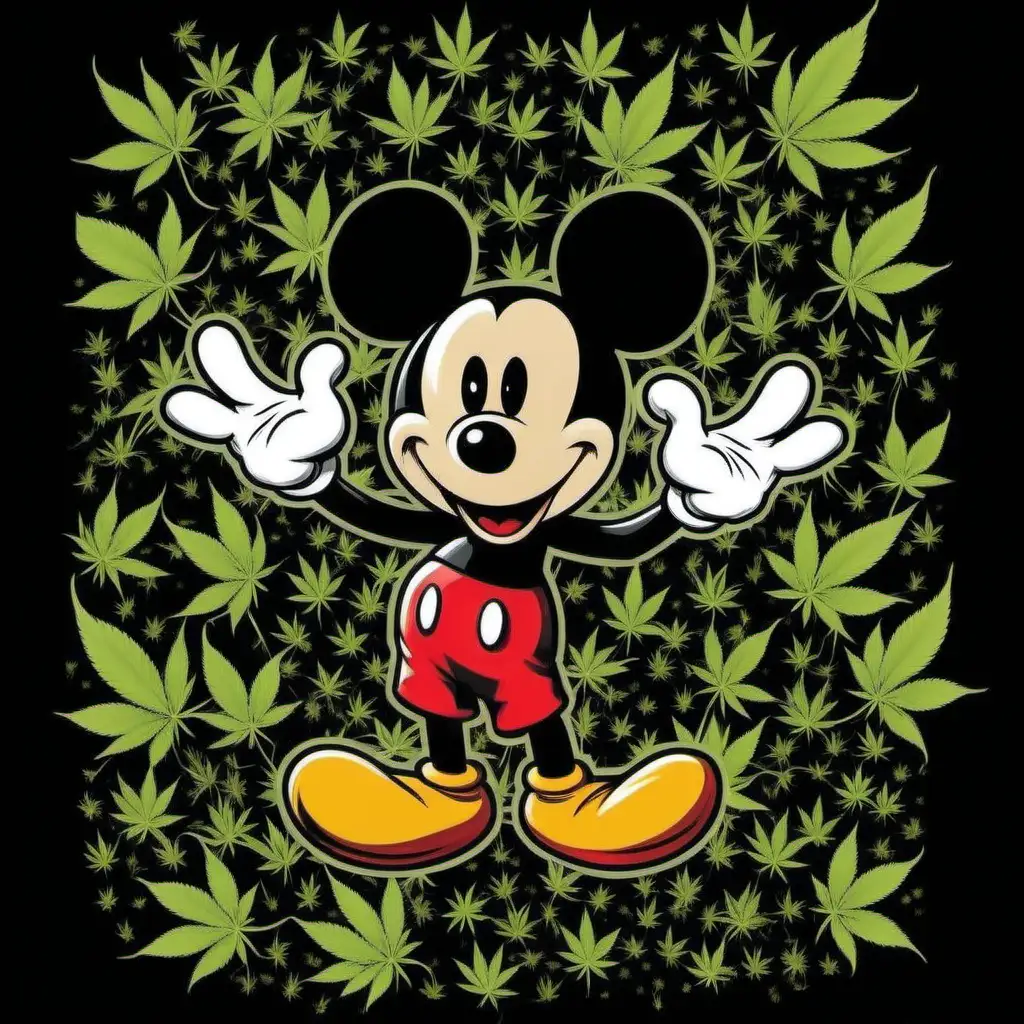 Playful Mickey Mouse Wearing Unique Weed Pattern TShirt