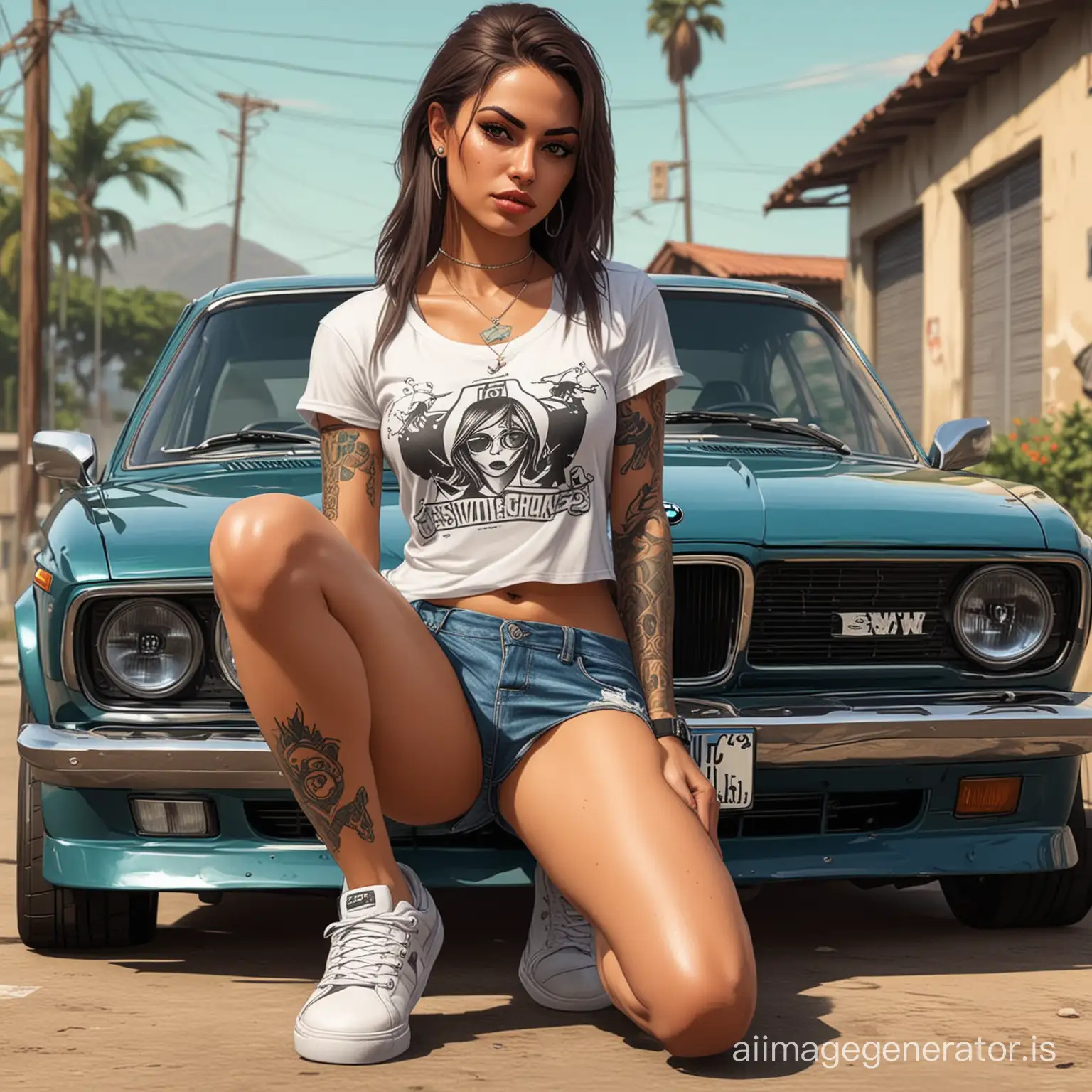 Brazilian style gta san andreas cartoon art drawing with modern 2019 BMW car, girl with shorts, tattoos and white sneakers and sexy Brazil shirt crouched in front with a pistol