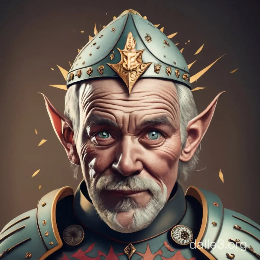 Old elven male battle scared soldier with an amused expression wearing medieval armor with a three star crest in the center of the breastplate.