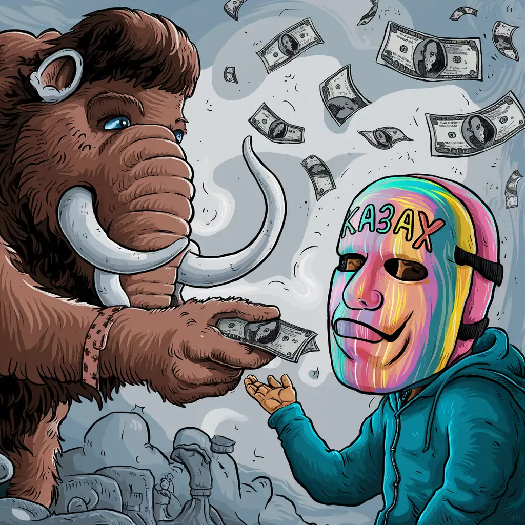 Cartoon-Mammoth-Giving-Money-to-Person-in-Ka3ax-Mask-with-Flying-Dollars-Background