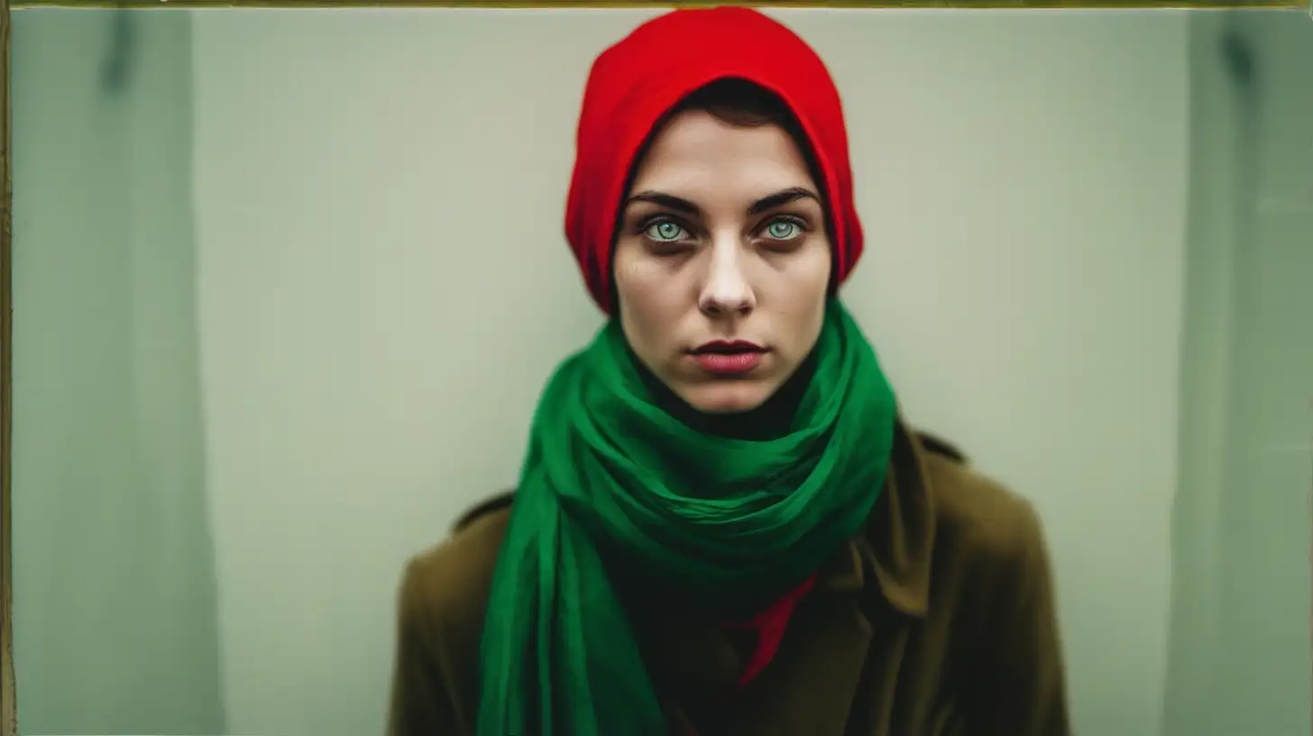 Captivating Portrait of Young Woman with Red Scarf and Green Eyes